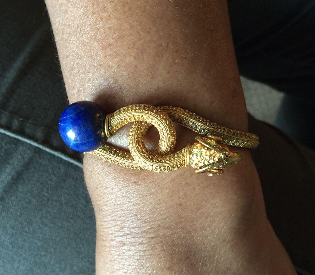 Antique Victorian Etruscan Revival Ram Head, Lapis Bracelet 2