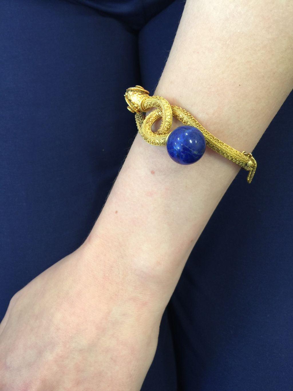 Antique Victorian Etruscan Revival Ram Head, Lapis Bracelet 3