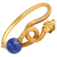 Bracelet ancien victorien néo-étrusque en Lapis et tête de bélier