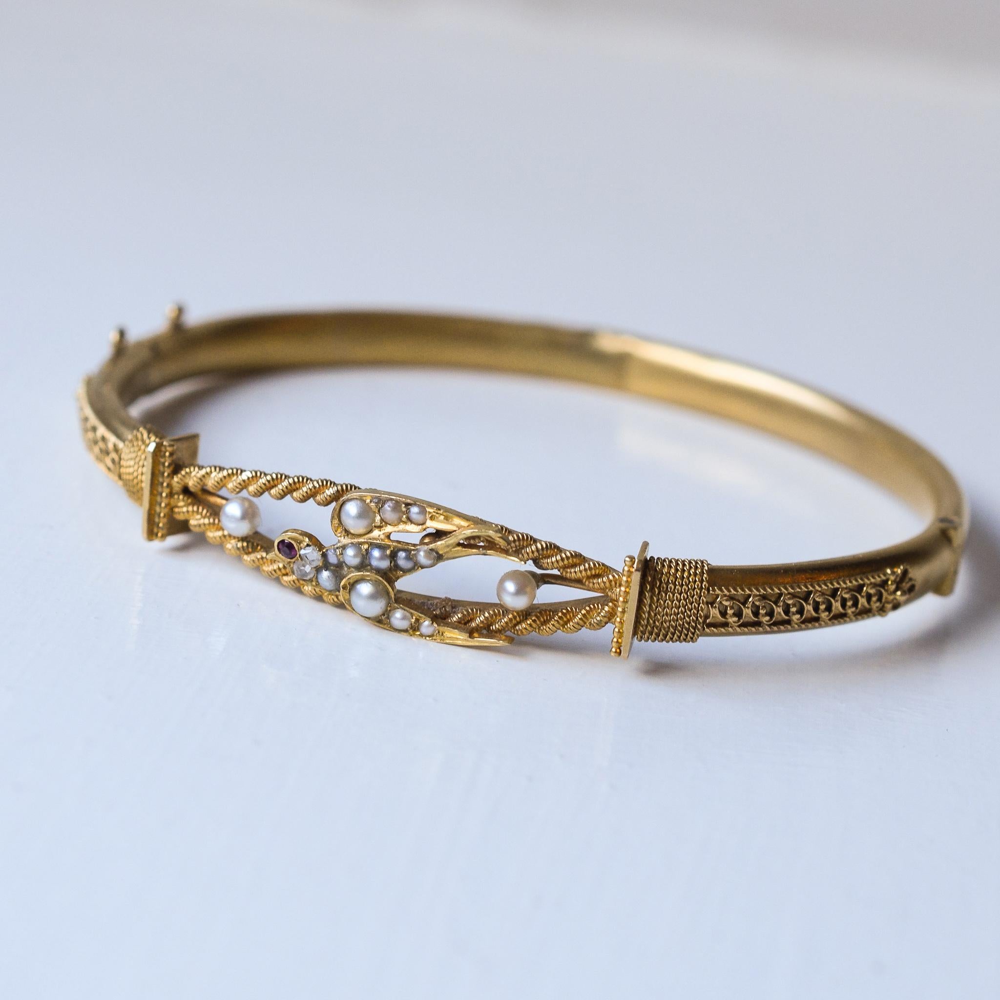 Antique Victorian Etruscan Revival Swallow Bangle 2