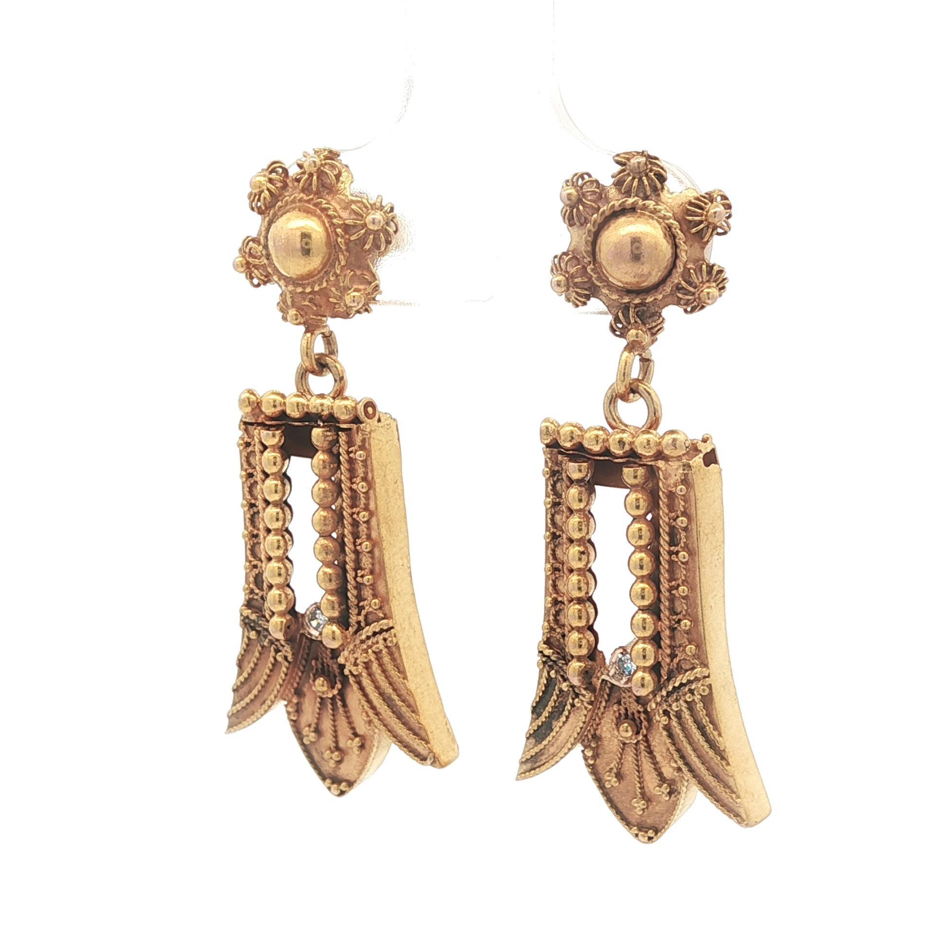 Single Cut Antique Victorian Etruscan Solid Gold Diamond Wire Bead Flared Dangle Earrings For Sale