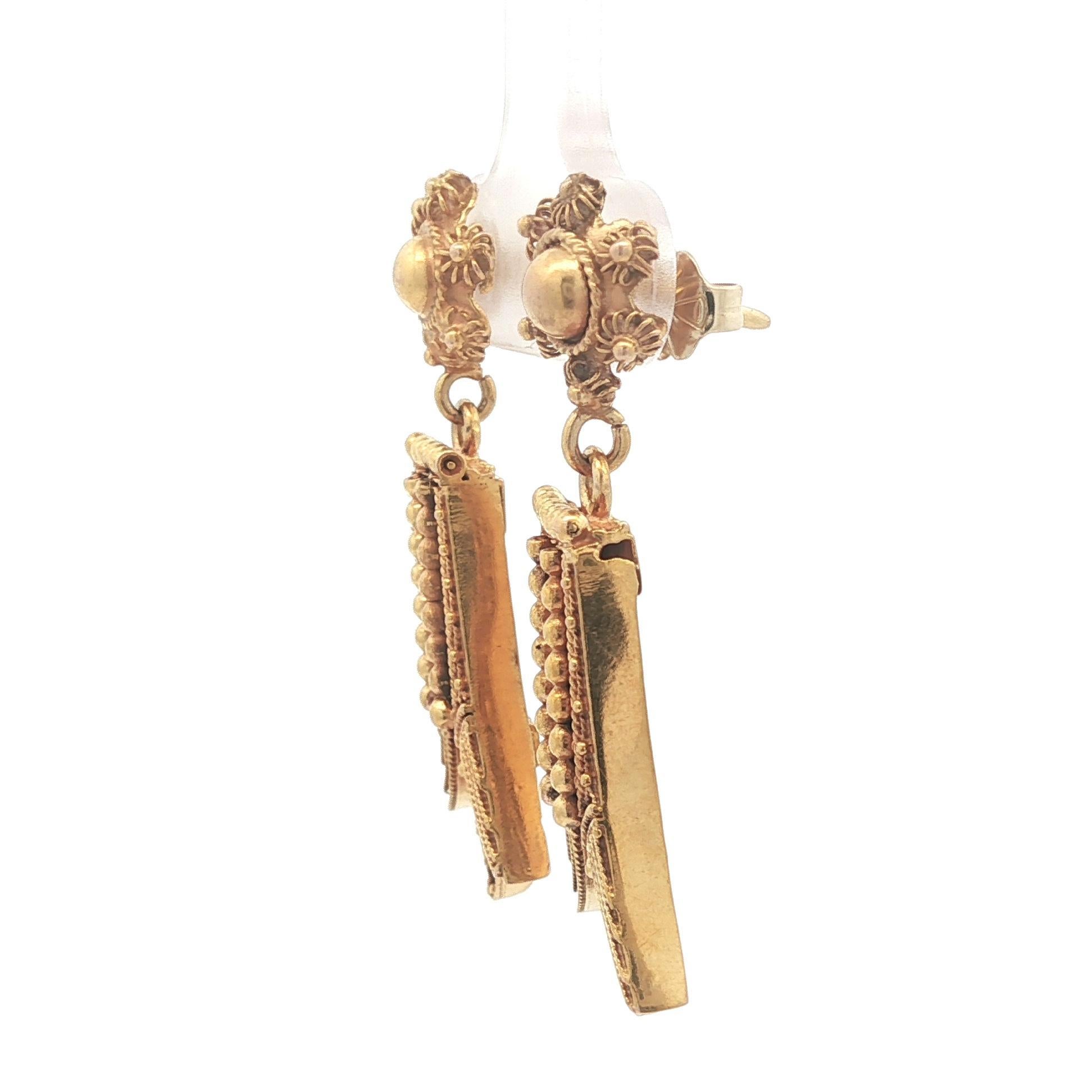 Antique Victorian Etruscan Solid Gold Diamond Wire Bead Flared Dangle Earrings In Good Condition For Sale In Montclair, NJ