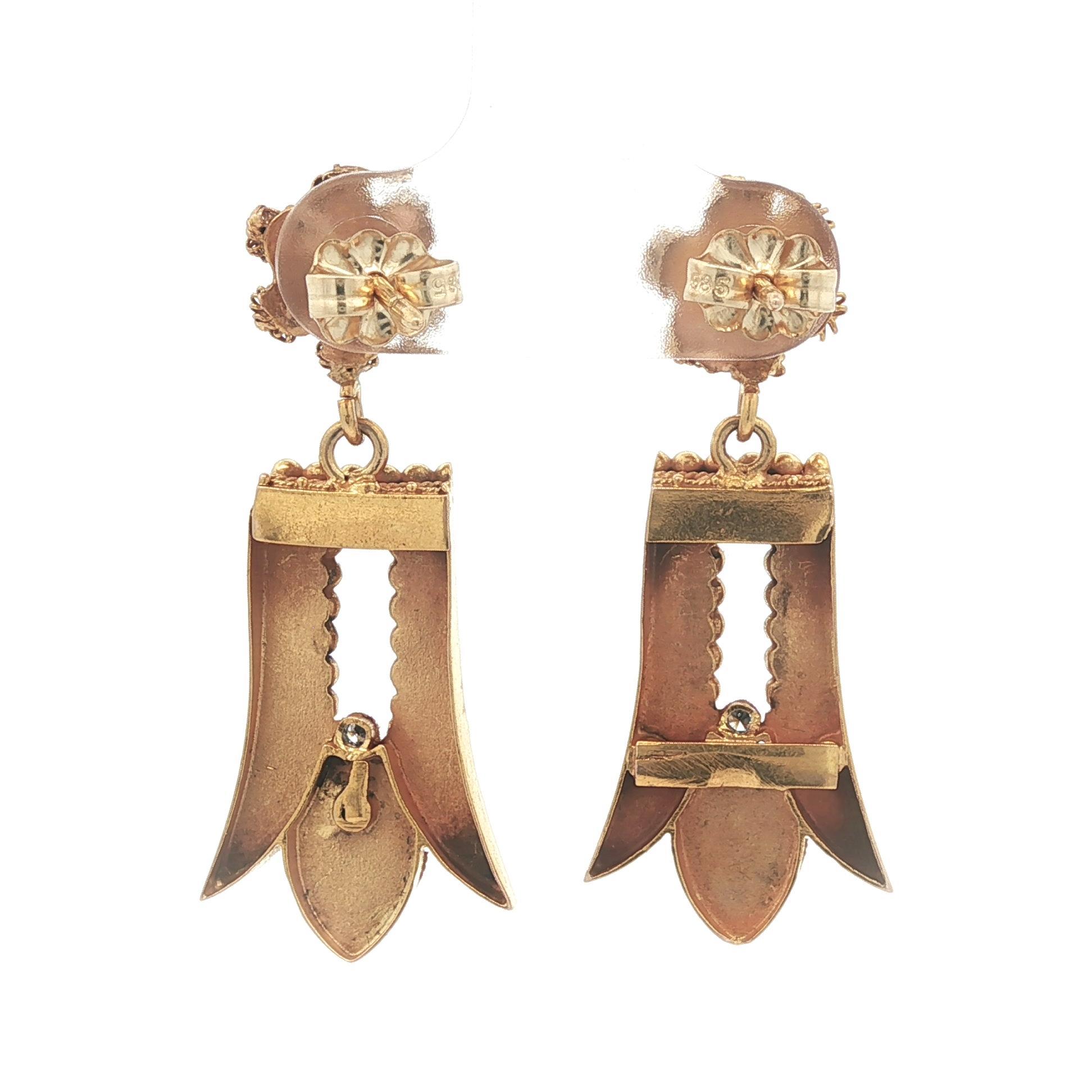 Women's Antique Victorian Etruscan Solid Gold Diamond Wire Bead Flared Dangle Earrings For Sale