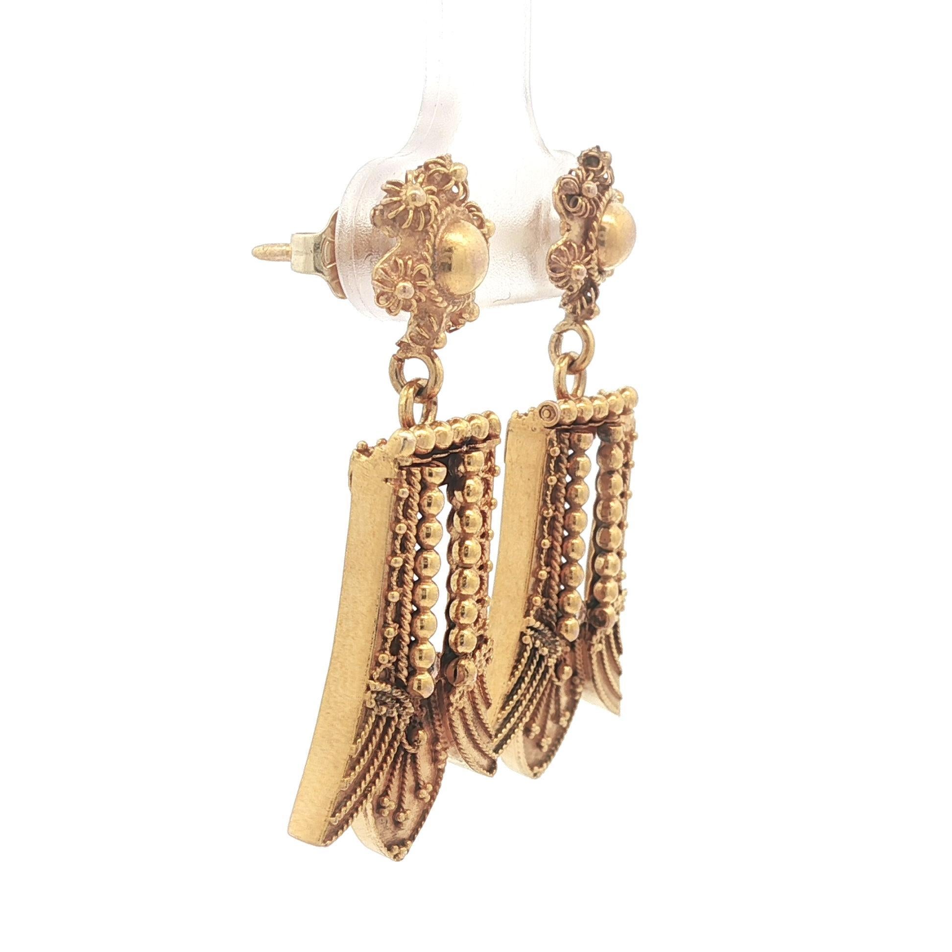 Antique Victorian Etruscan Solid Gold Diamond Wire Bead Flared Dangle Earrings For Sale 1
