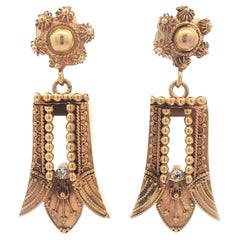 Antique Victorian Etruscan Solid Gold Diamond Wire Bead Flared Dangle Earrings