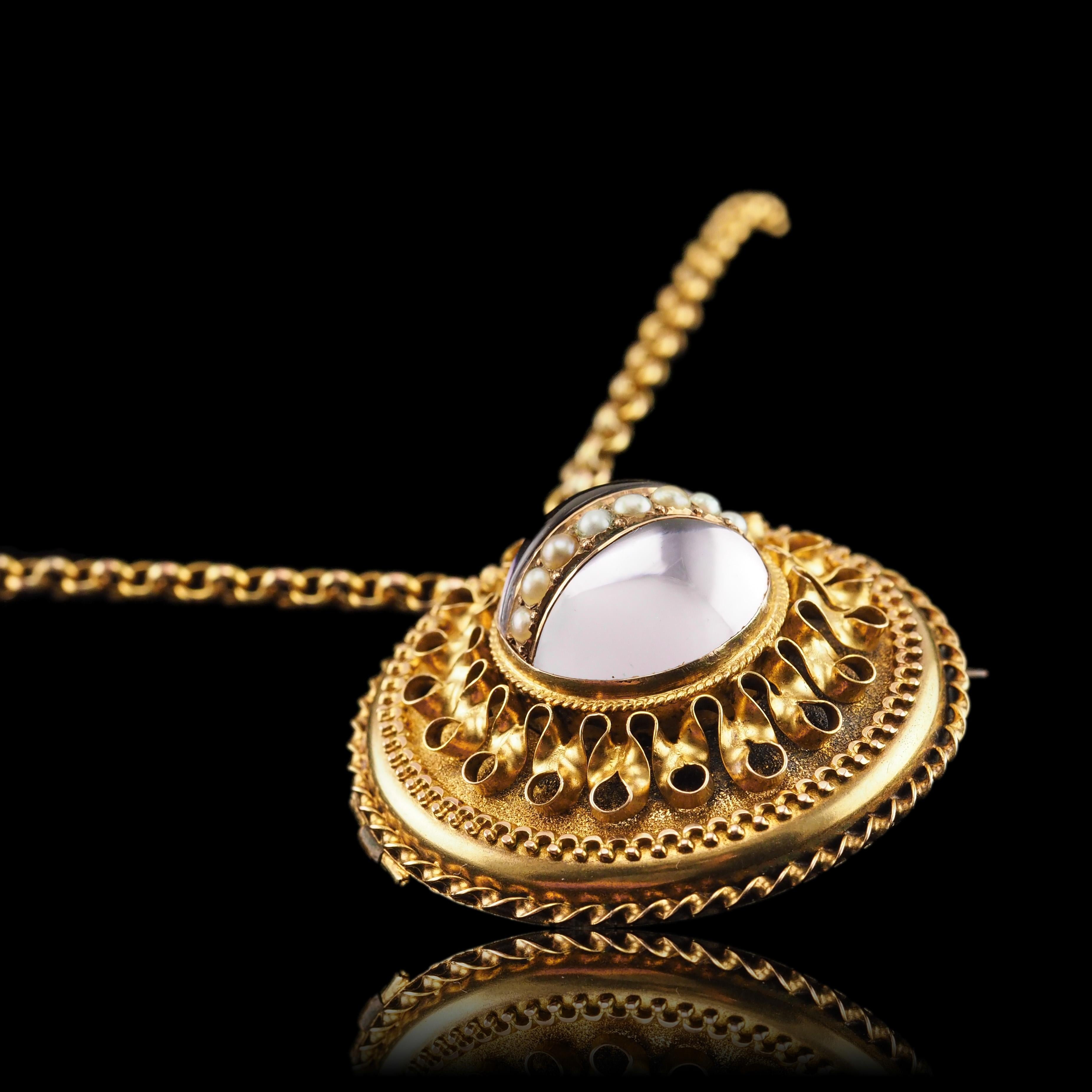 Antique Victorian Etruscan Style Necklace 15K Gold Rock Crystal Pendant c.1870 For Sale 7