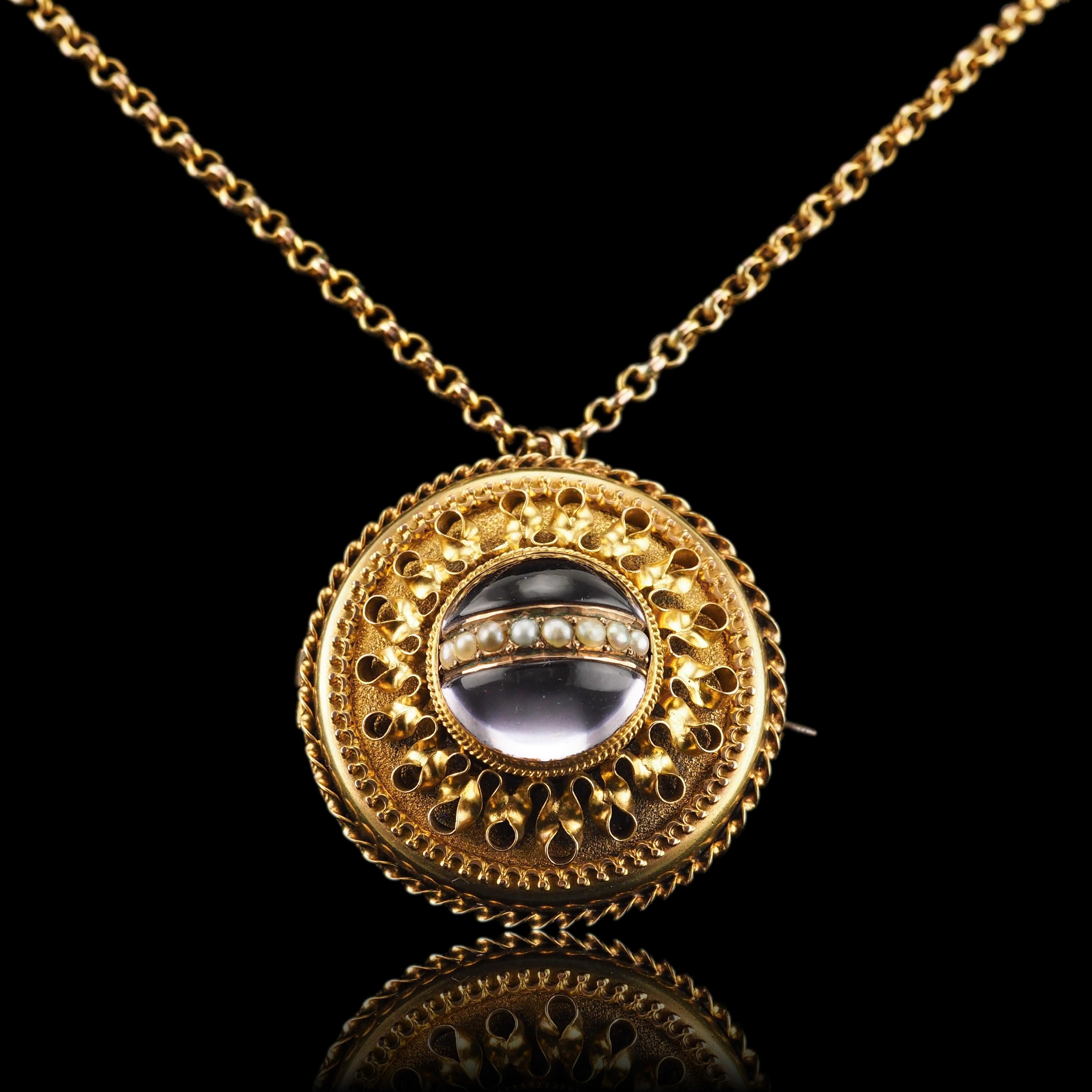Antique Victorian Etruscan Style Necklace 15K Gold Rock Crystal Pendant c.1870 For Sale 8