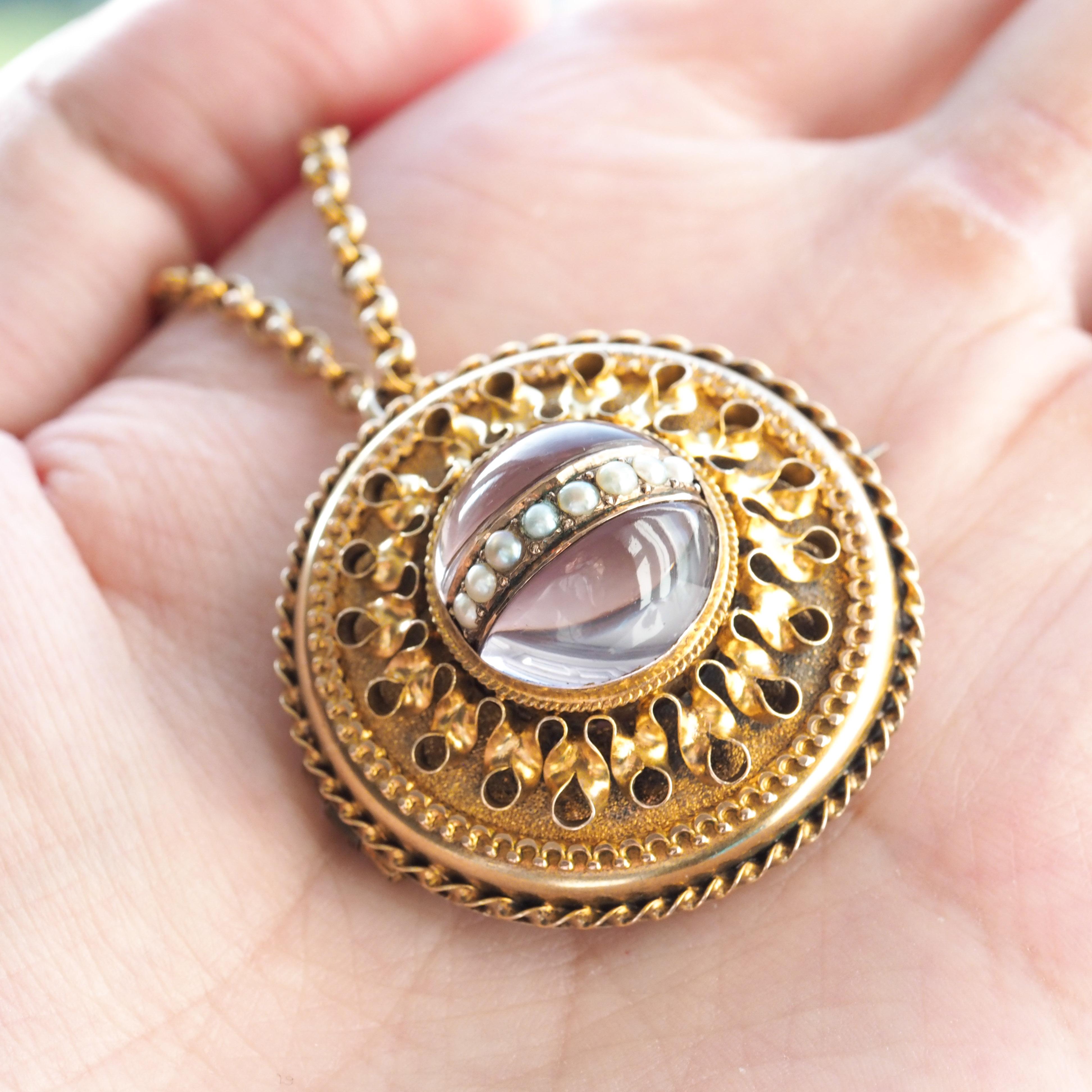 Antique Victorian Etruscan Style Necklace 15K Gold Rock Crystal Pendant c.1870 For Sale 10