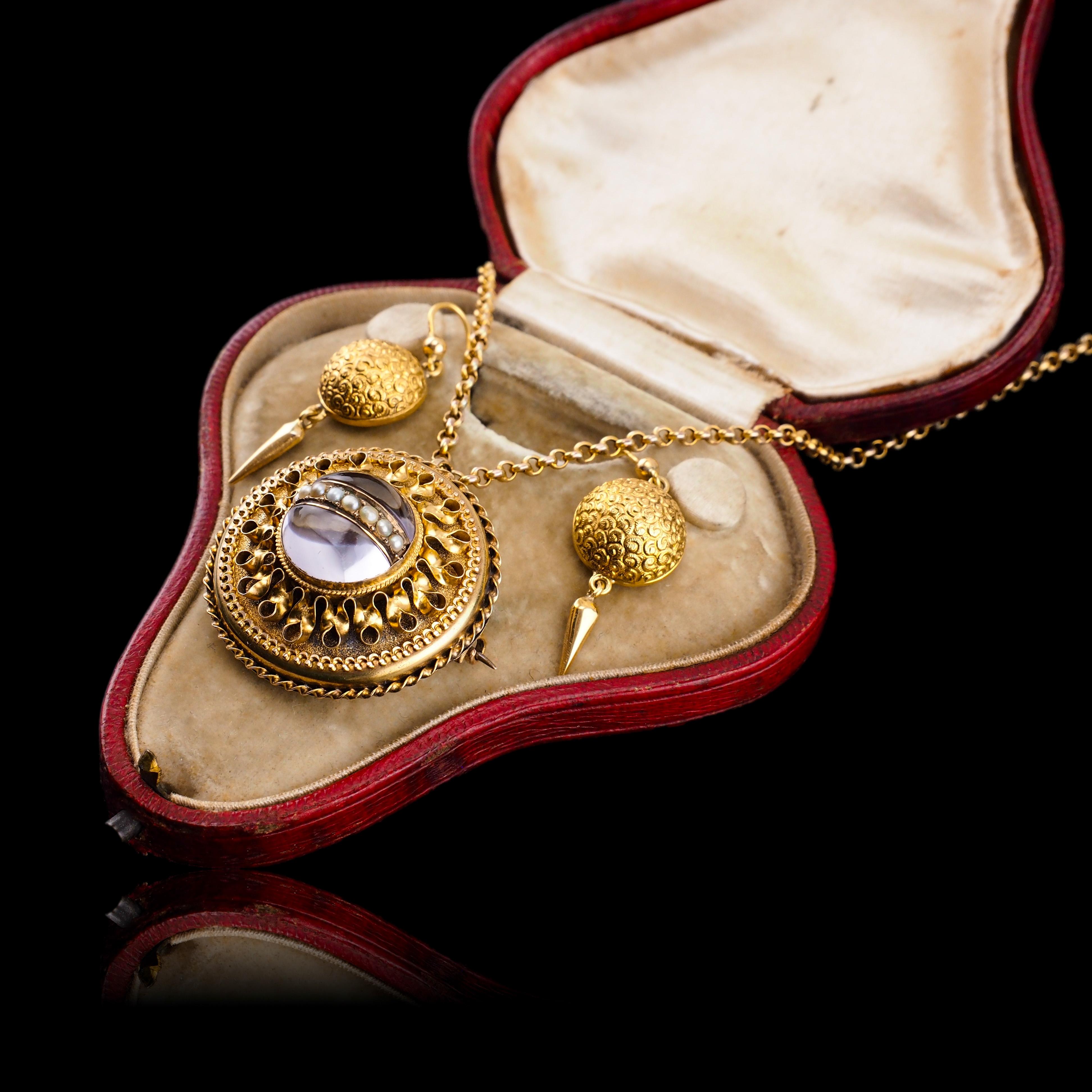 Cabochon Antique Victorian Etruscan Style Necklace 15K Gold Rock Crystal Pendant c.1870 For Sale