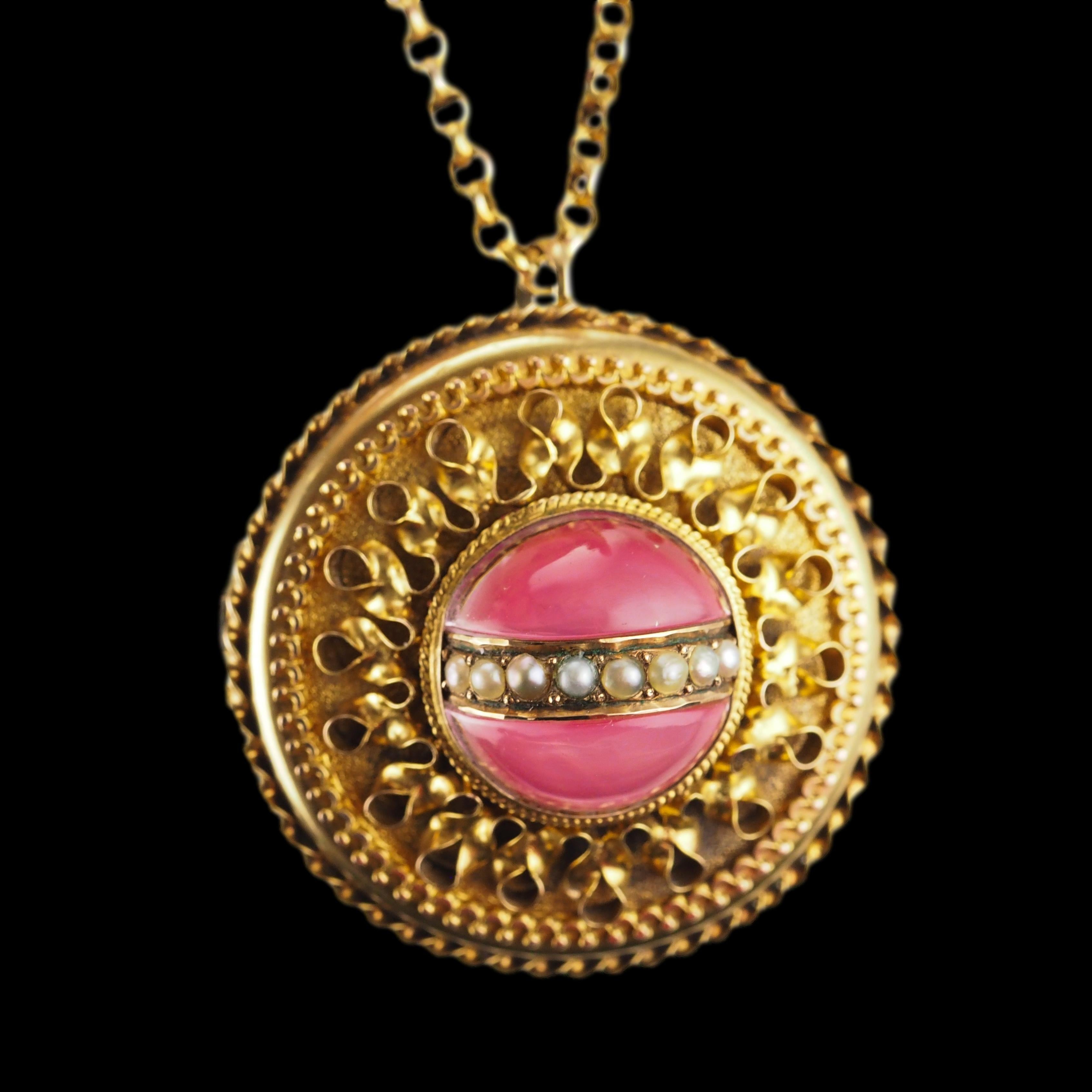 Women's or Men's Antique Victorian Etruscan Style Necklace 15K Gold Rock Crystal Pendant c.1870 For Sale