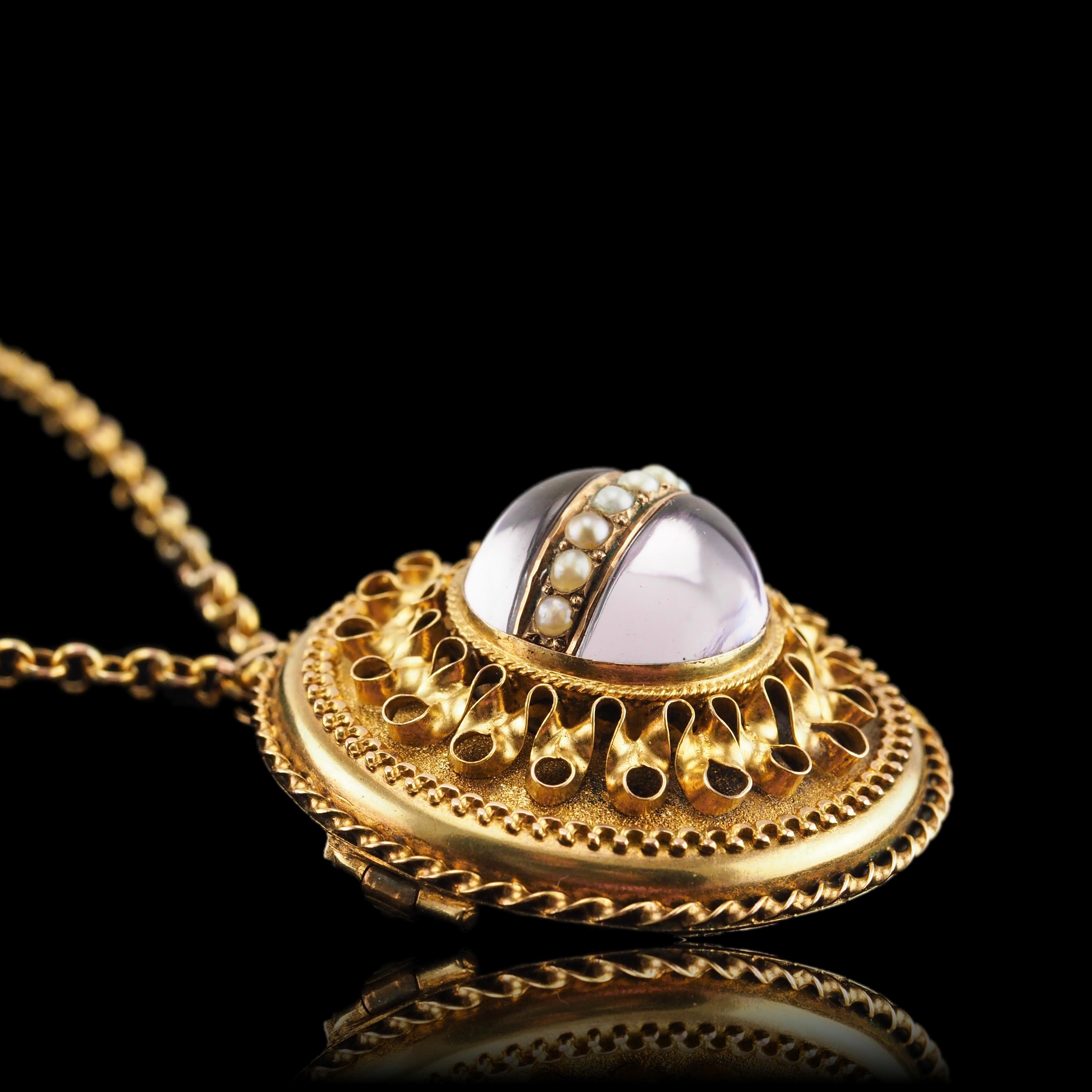 Antique Victorian Etruscan Style Necklace 15K Gold Rock Crystal Pendant c.1870 For Sale 1