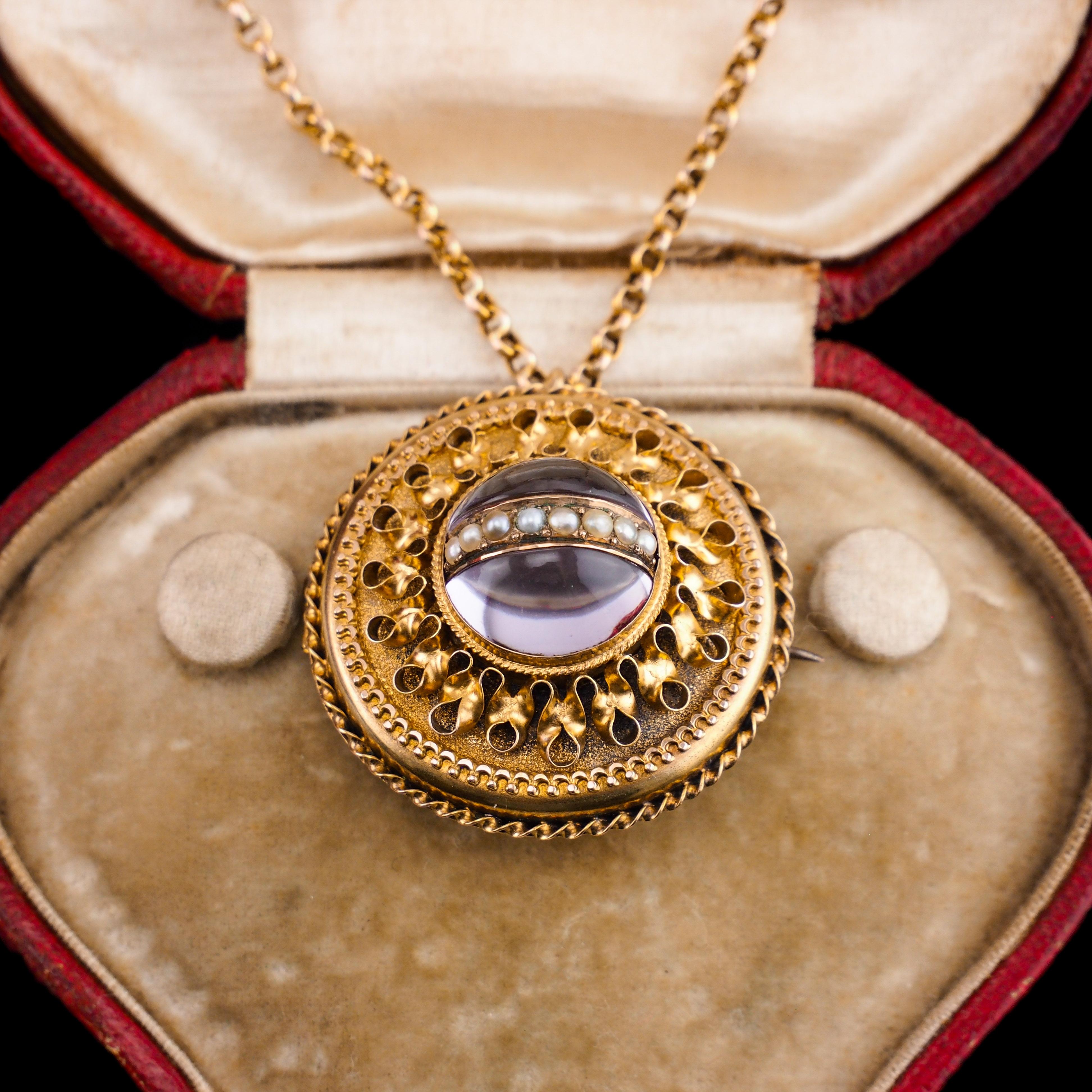 Antique Victorian Etruscan Style Necklace 15K Gold Rock Crystal Pendant c.1870 For Sale 2