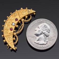 Antique Victorian Etruscan Tourmaline & Pearl Gold Crescent Moon Brooch Pin