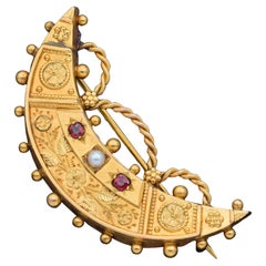 Antique Victorian Etruscan Tourmaline & Pearl Gold Crescent Moon Brooch Pin
