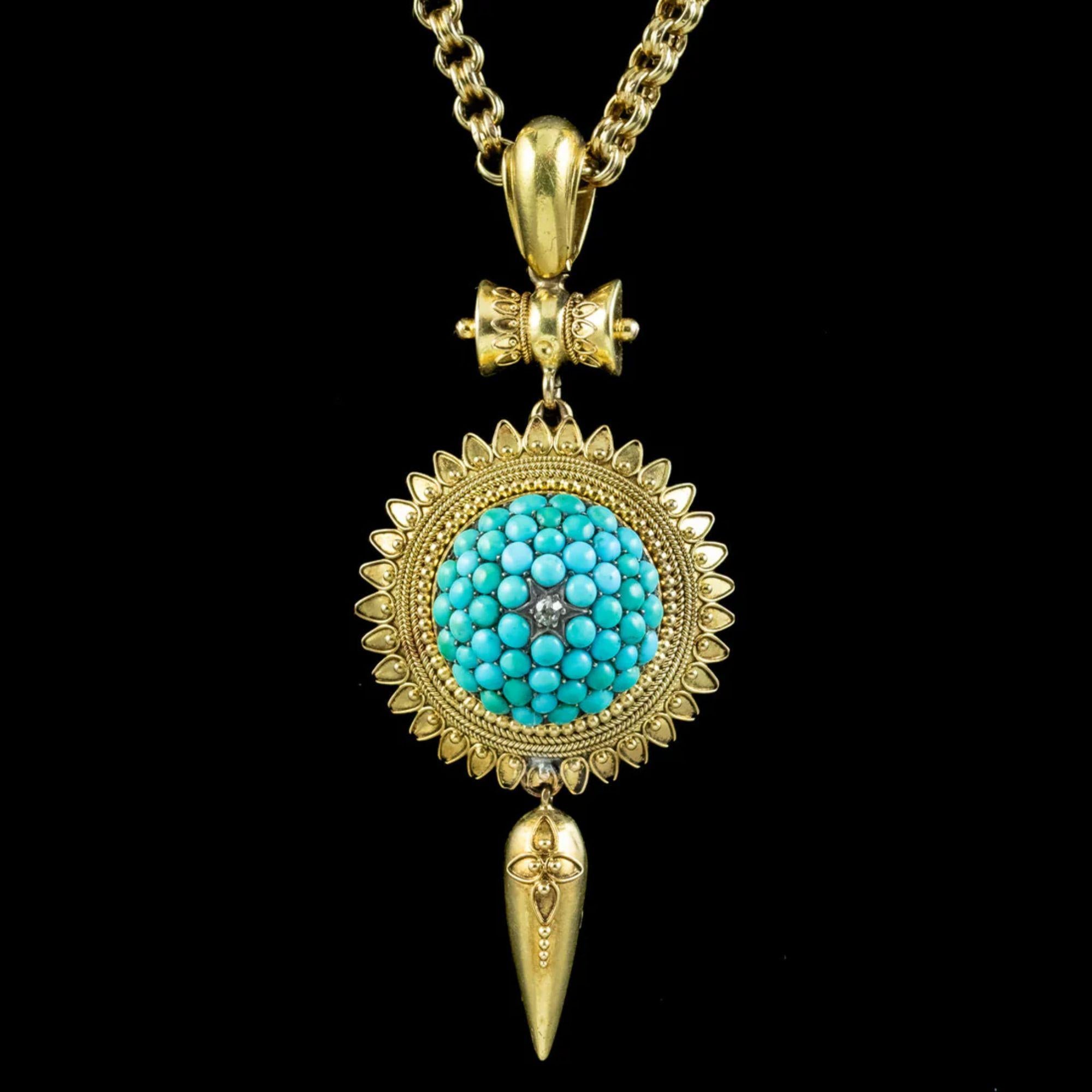 Old Mine Cut Antique Victorian Etruscan Turquoise Locket Pendant Necklace in 18 Carat Gold