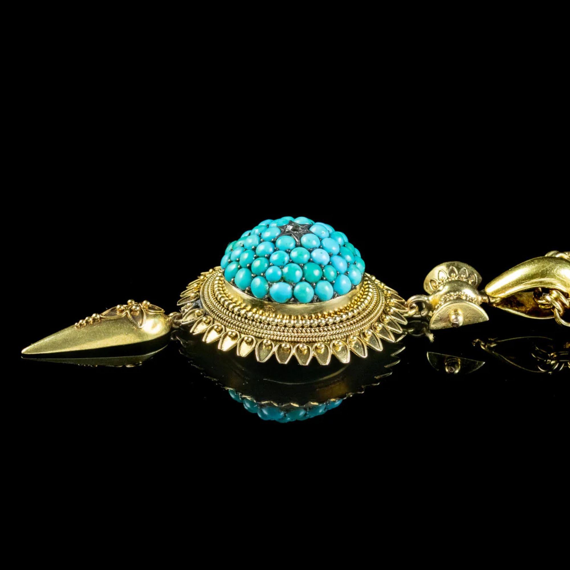 Women's Antique Victorian Etruscan Turquoise Locket Pendant Necklace in 18 Carat Gold