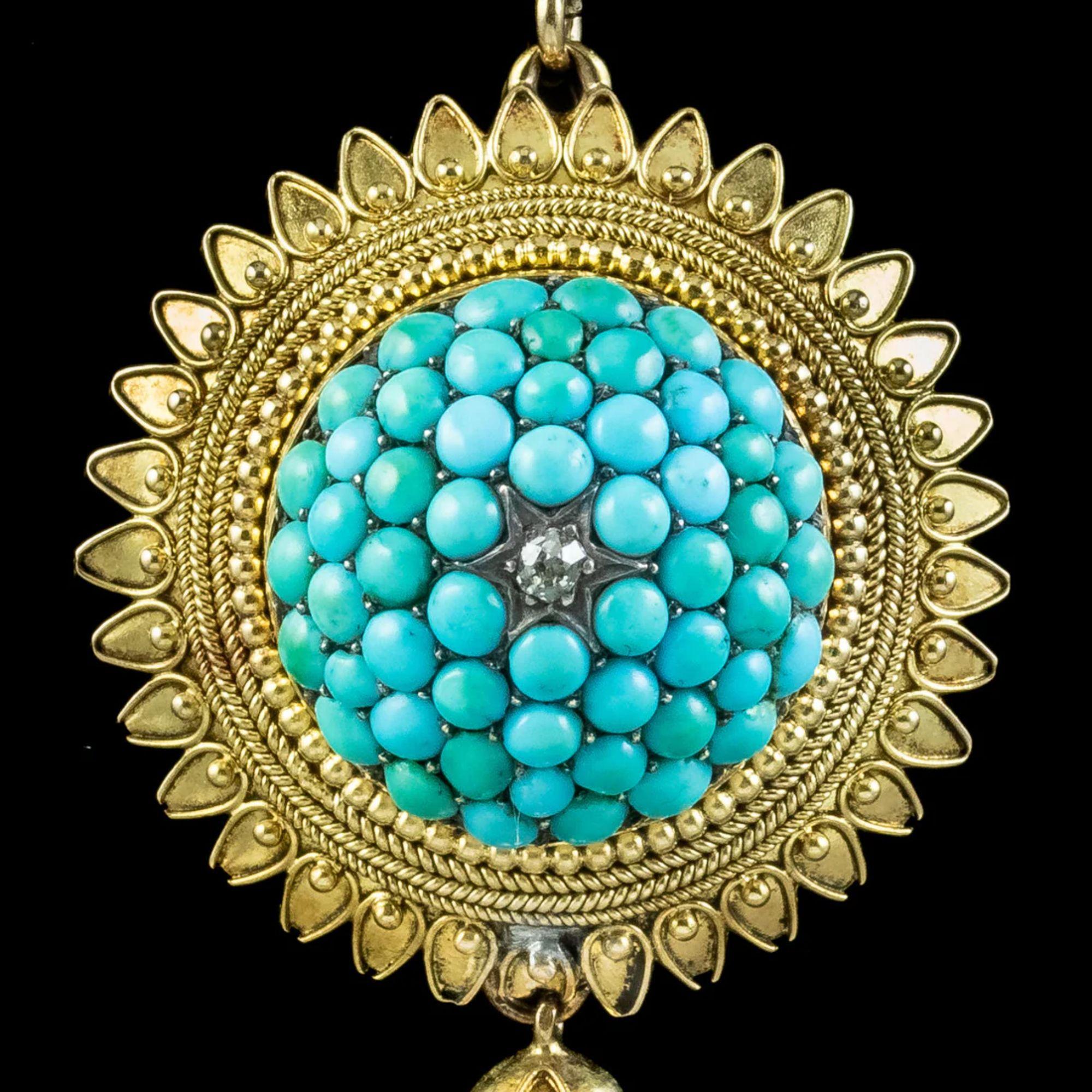 Antique Victorian Etruscan Turquoise Locket Pendant Necklace in 18 Carat Gold 1