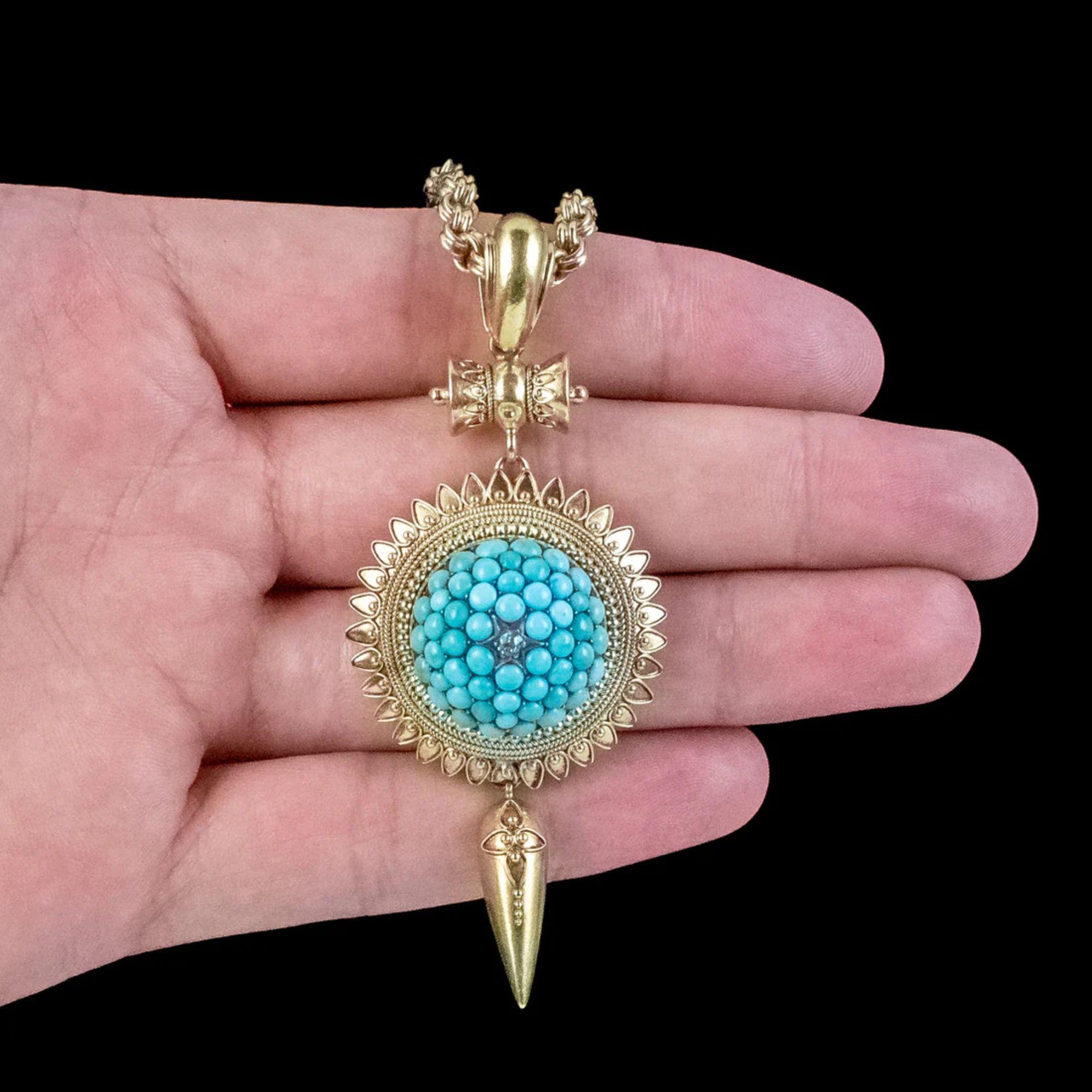 Antique Victorian Etruscan Turquoise Locket Pendant Necklace in 18 Carat Gold 2