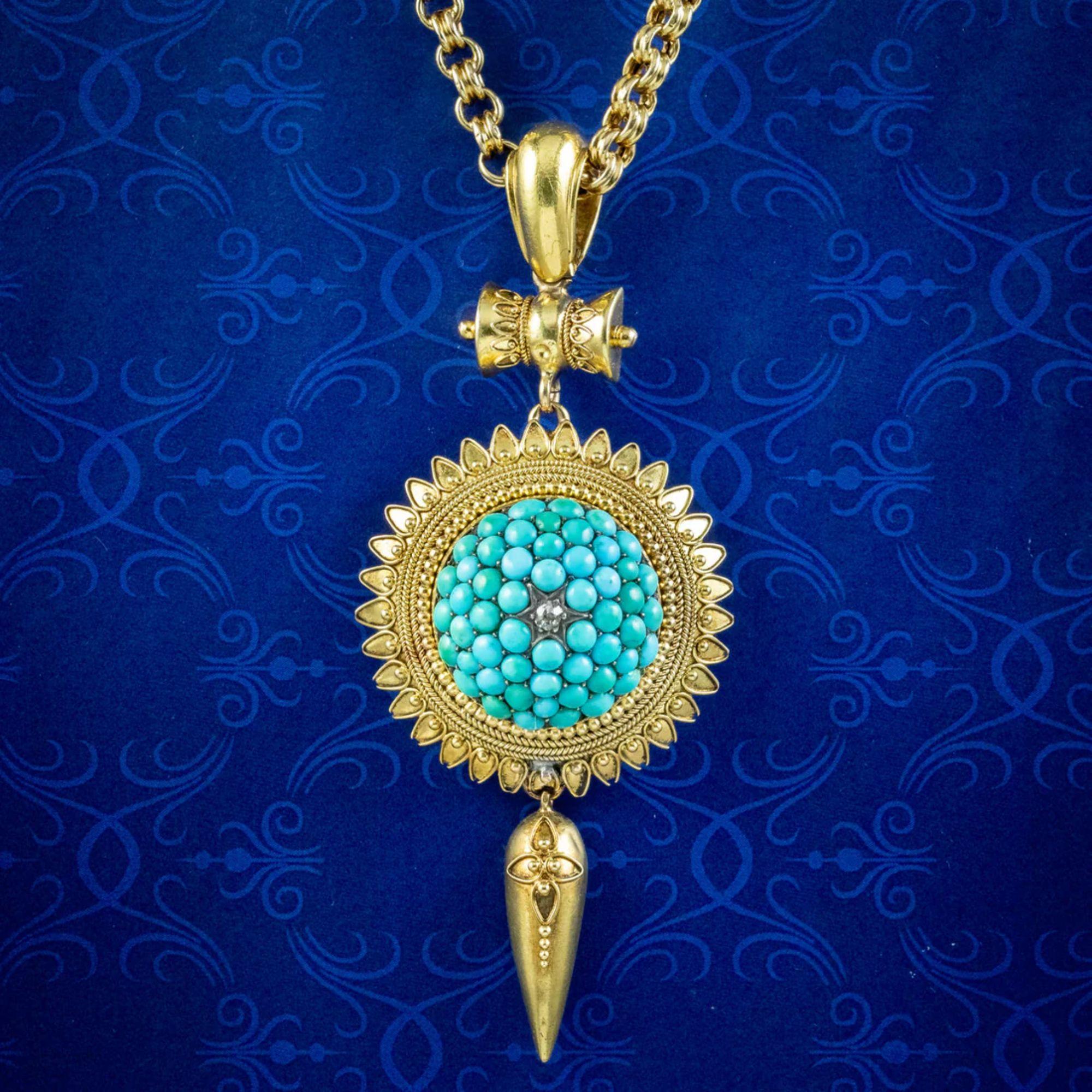 Antique Victorian Etruscan Turquoise Locket Pendant Necklace in 18 Carat Gold 3