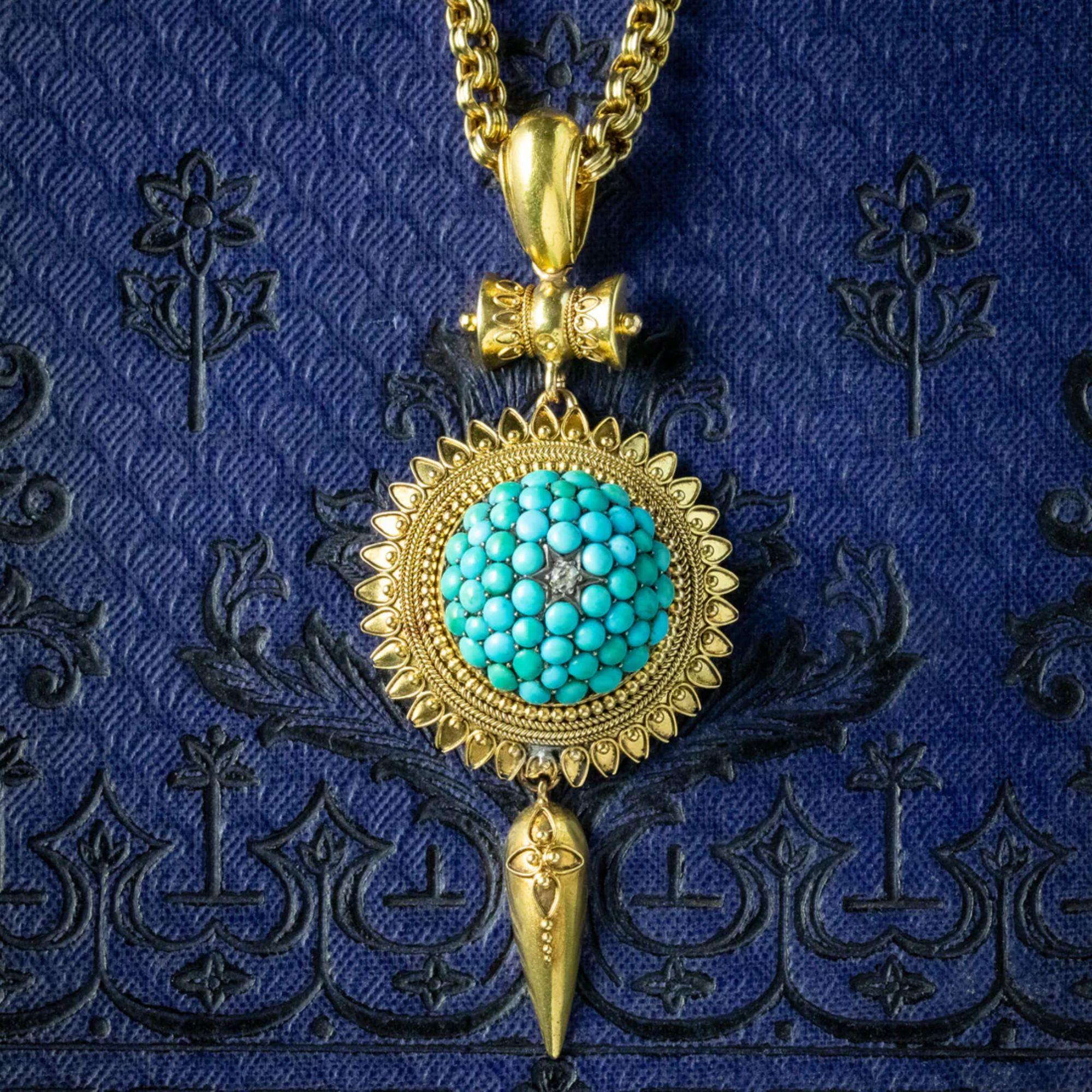Antique Victorian Etruscan Turquoise Locket Pendant Necklace in 18 Carat Gold 4