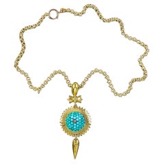 Antique Victorian Etruscan Turquoise Locket Pendant Necklace in 18 Carat Gold