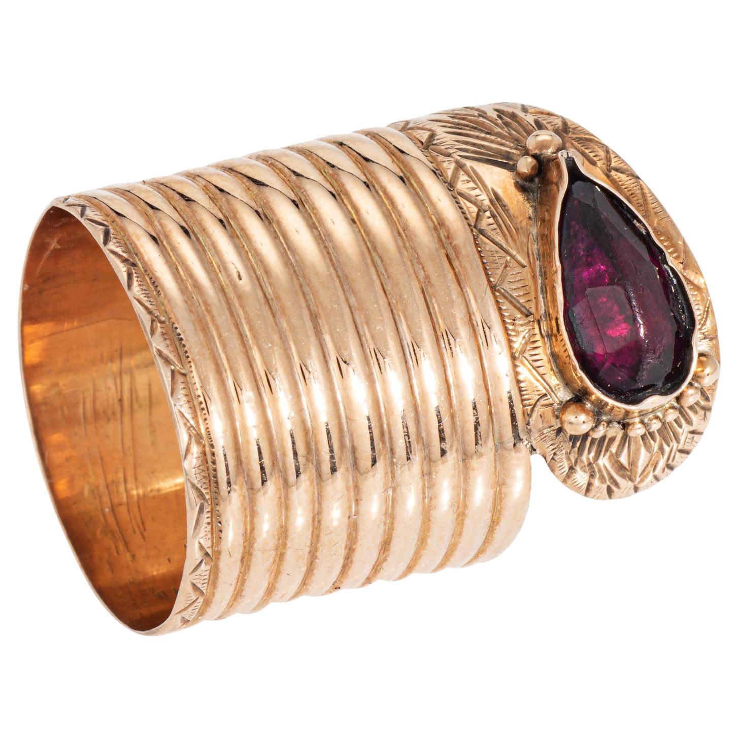 Antique Victorian Extra Wide Snake Ring 14k Rose Gold Garnet Sz 7 Fine Jewelry For Sale