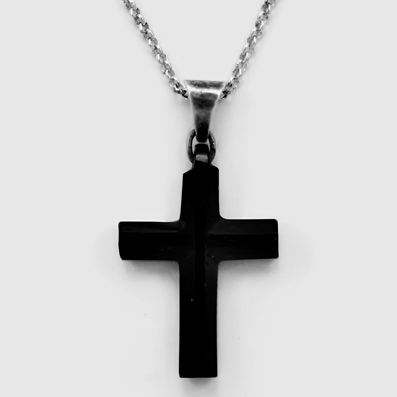 Antique Victorian faceted french jet cross pendant with a silver bail. The bail tests as silver. The cross hangs on a quality modern silver belcher chain, which is adjustable and soldered on each link. Measuring length 45.9 cm / 18 inches, and the