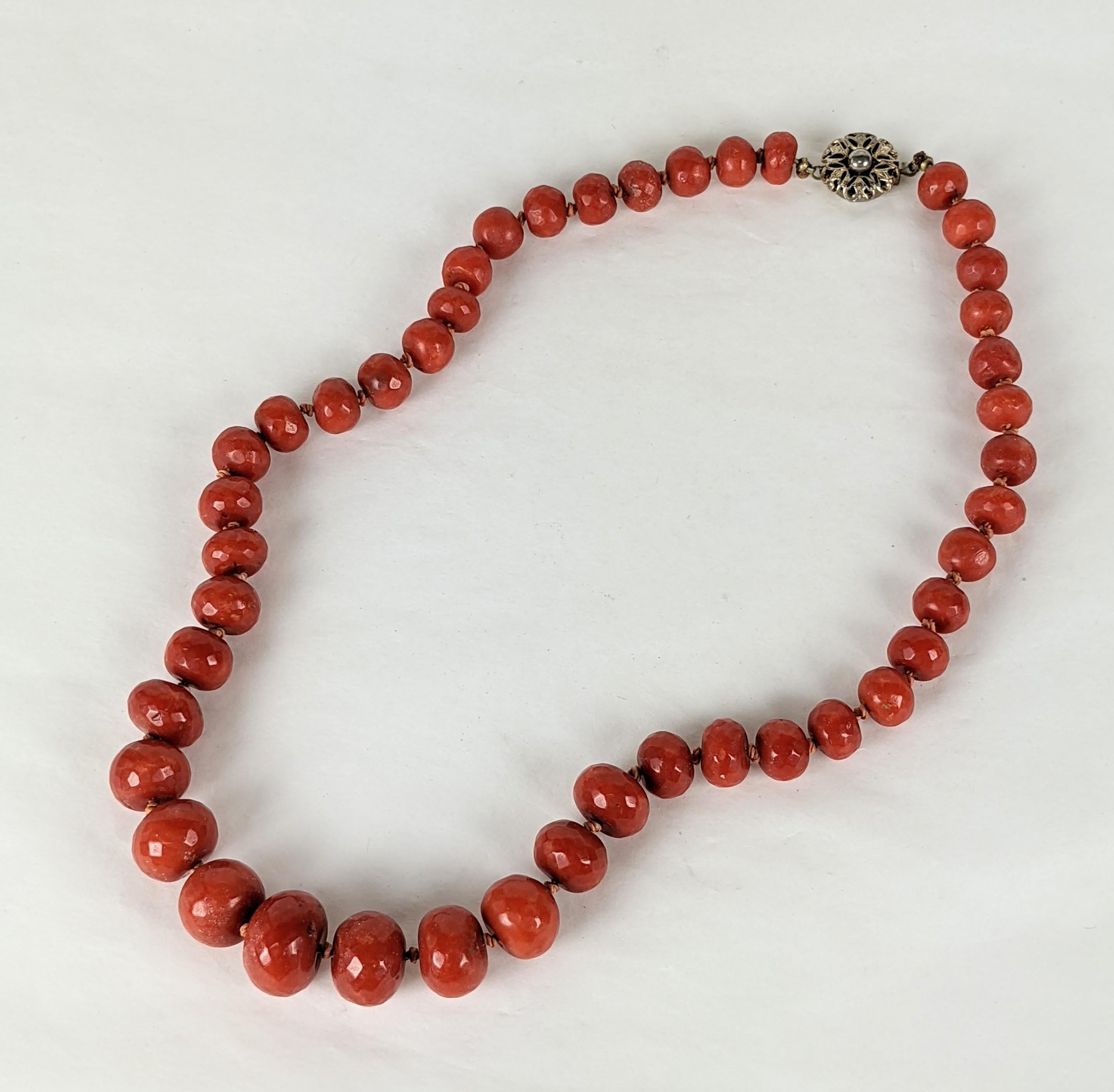 Fine Victorian Faceted Natural Graduated Red Coral Beads with period metal filigree clasp. 15