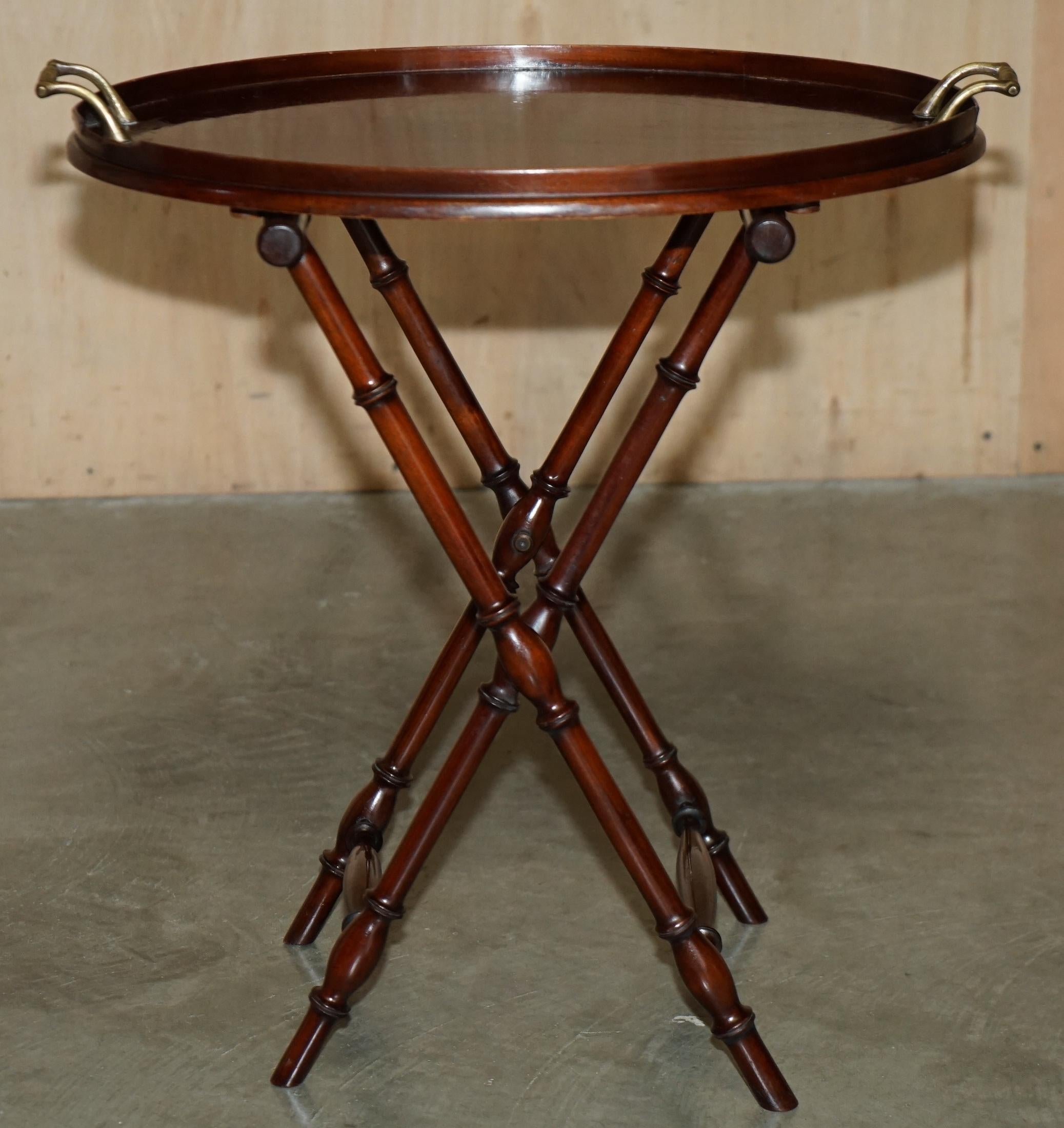 ANTIQUE ViCTORIAN FAMBOO FRAMED FOLDING TRAY TABLE WITH BRASS HANDLED TRAY TOP For Sale 9