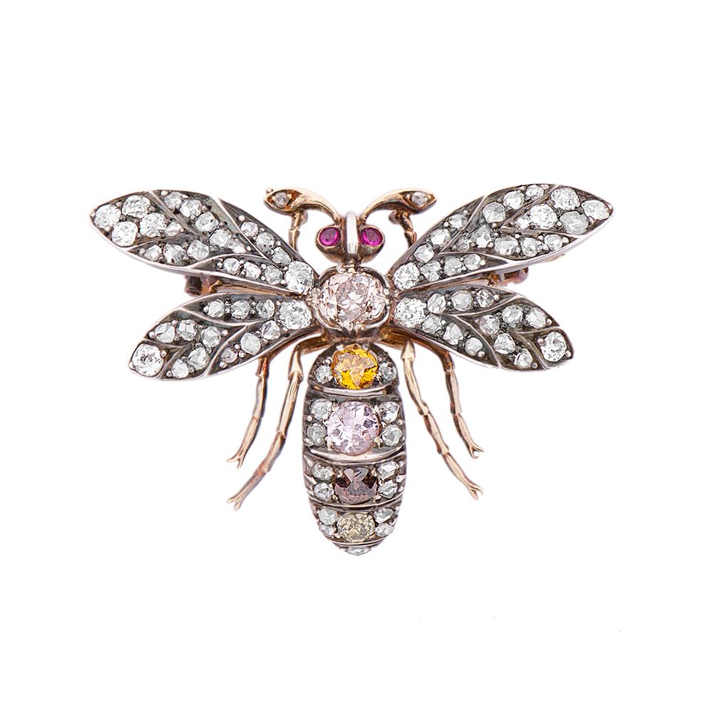 Cushion Cut Antique Victorian Fancy Colour Diamond and Ruby Bee Brooch For Sale