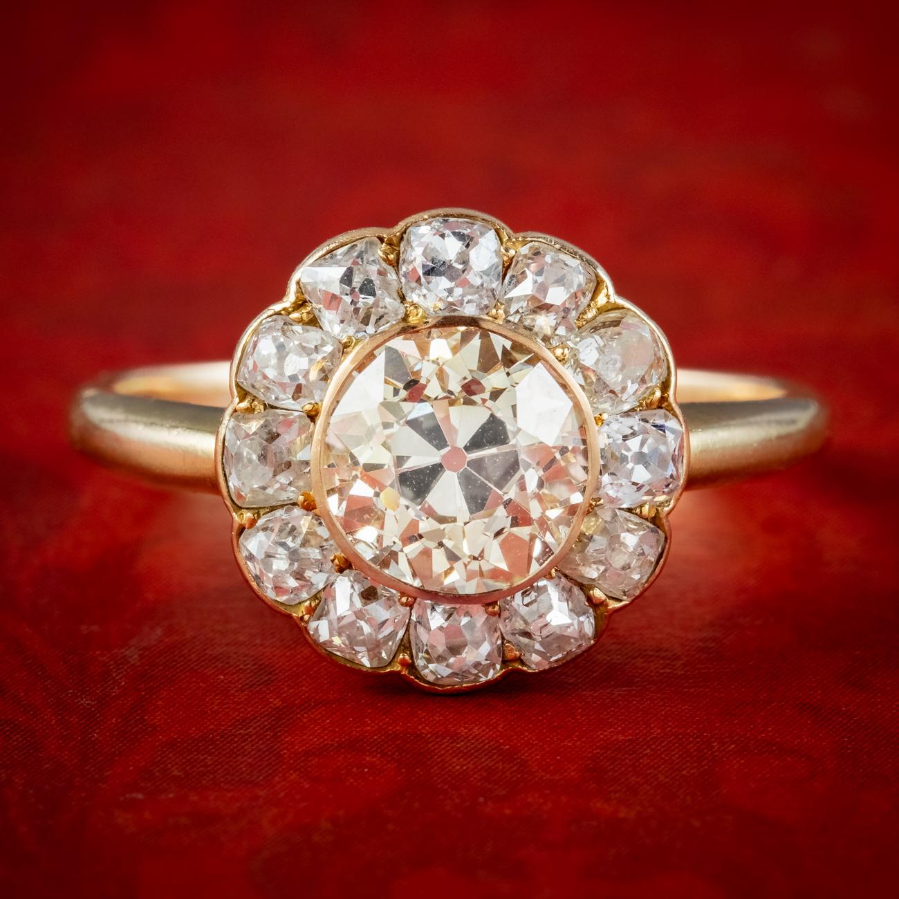 A stunning antique Victorian daisy cluster ring crowned with a magnificent old cut fancy diamond bezel set in the centre, haloed by twelve smaller old cushion cut petals around the border. The centre stone has a subtle champagne hue and sparkles