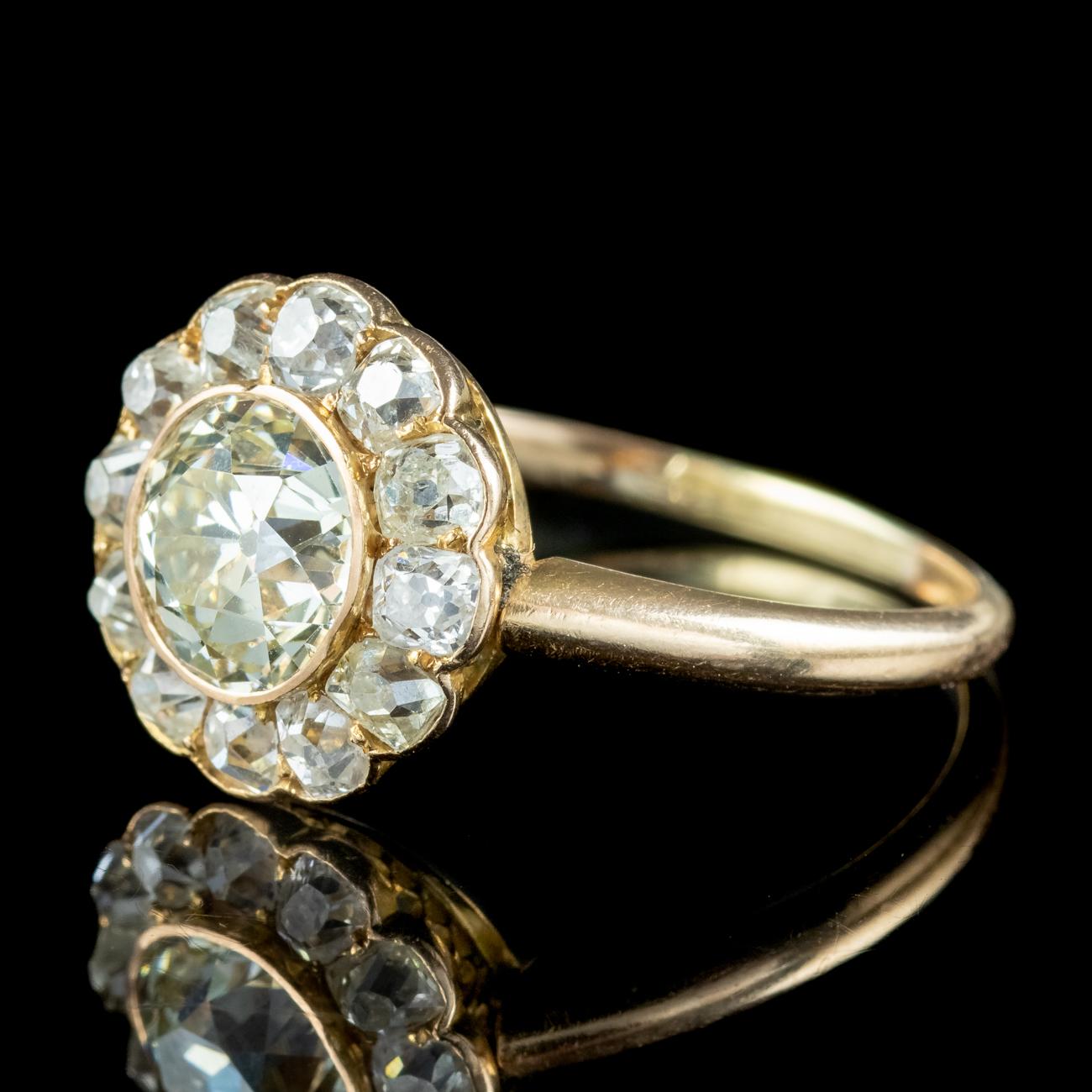 Antique Cushion Cut Antique Victorian Fancy Diamond Daisy Cluster Ring 2.68ct Total For Sale