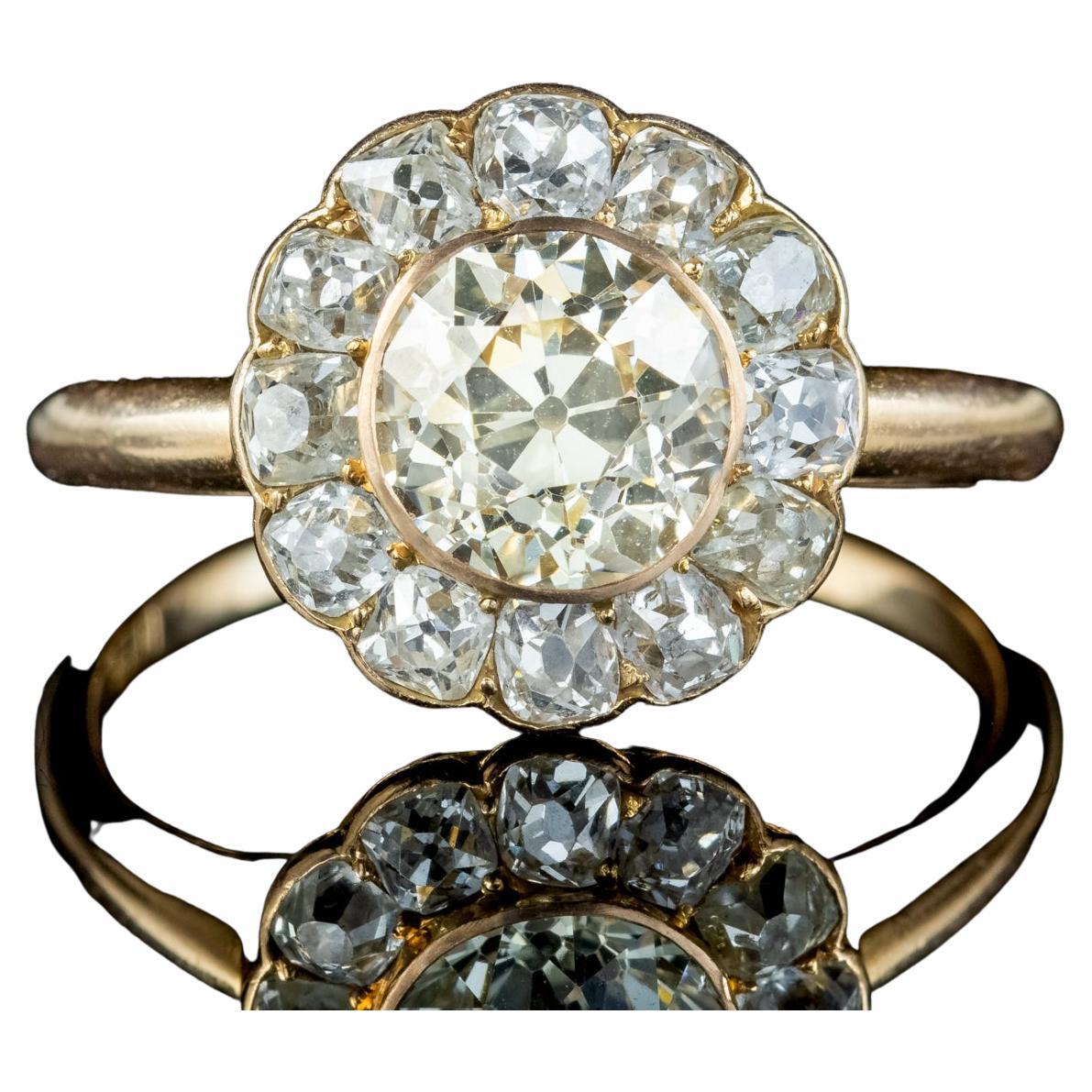 Antique Victorian Fancy Diamond Daisy Cluster Ring 2.68ct Total For Sale