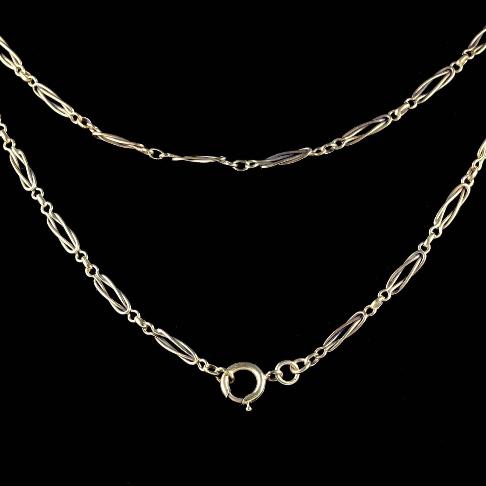 This beautiful Victorian fancy French guard chain is set in 18ct Yellow Gold on Silver, Circa 1900.

Each link boasts Victorian workmanship all round.

It is steeped in history from it’s era.

The chain is a wonderful piece which looks beautiful