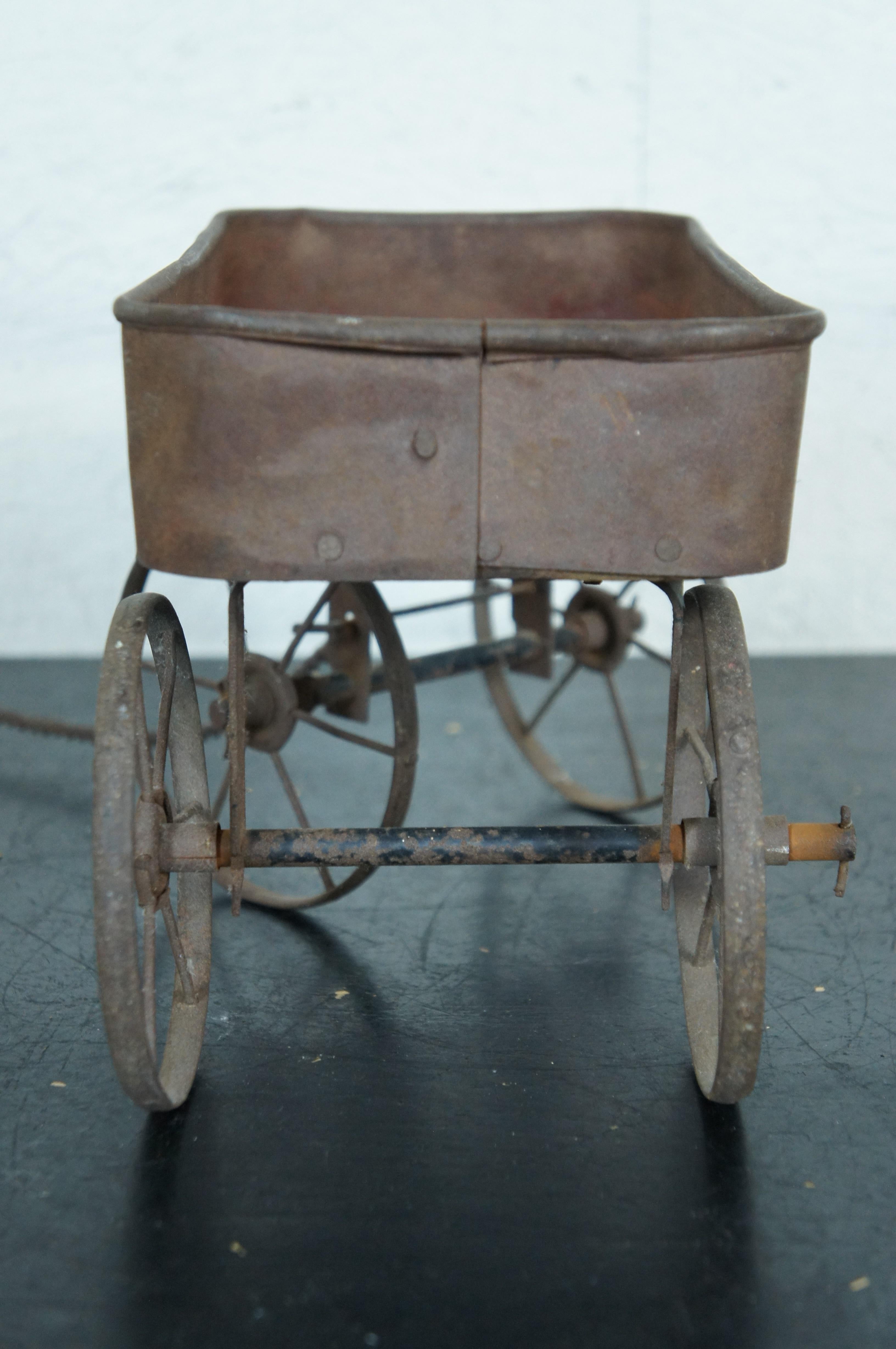 19th Century Antique Victorian Farmhouse Metal Childs Size Pull Toy Dollhouse Wagon Cart 