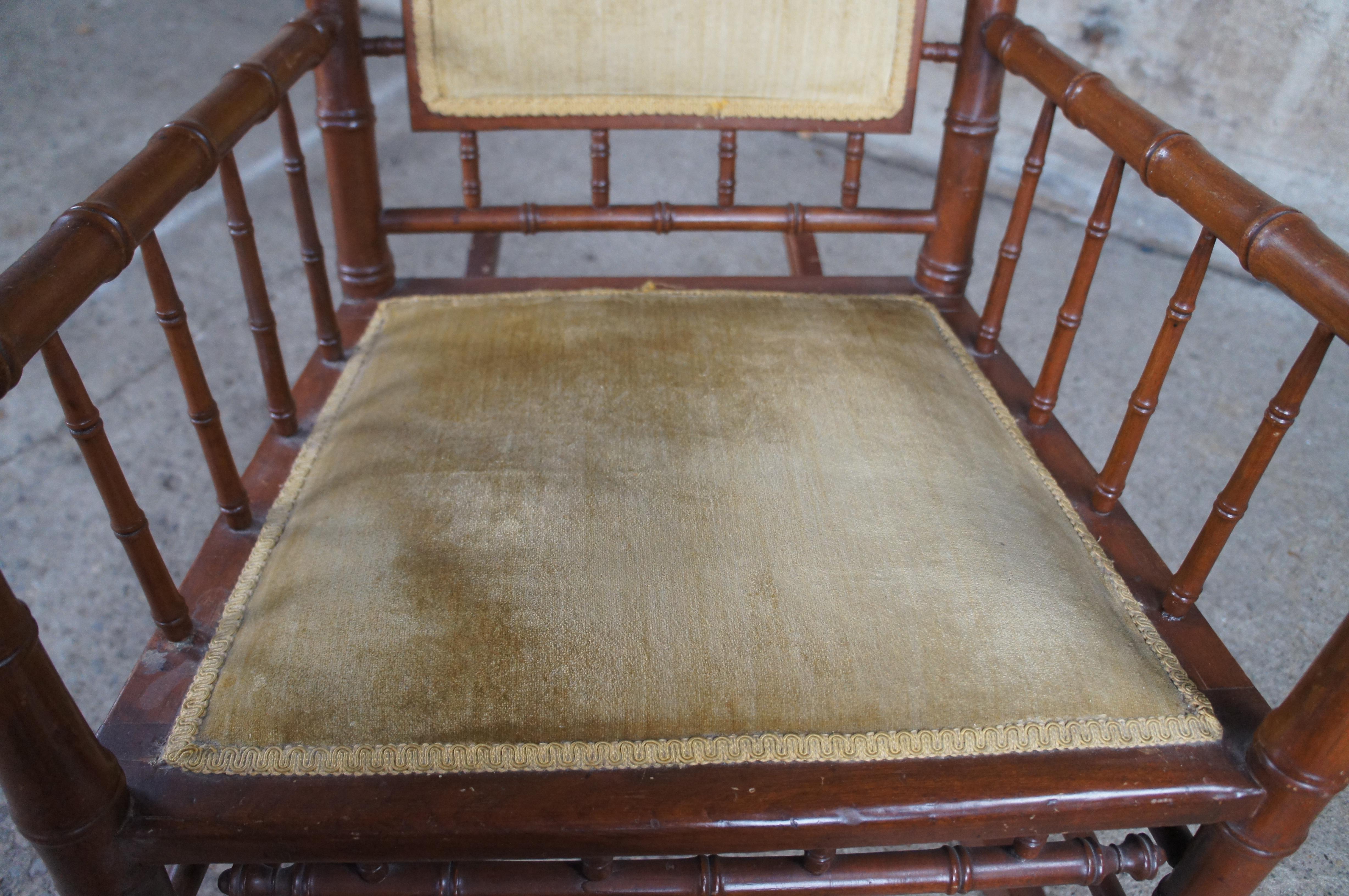 Antique Victorian Faux Bamboo Mahogany & Velvet Upholstered Rocking Chair Rocker 7