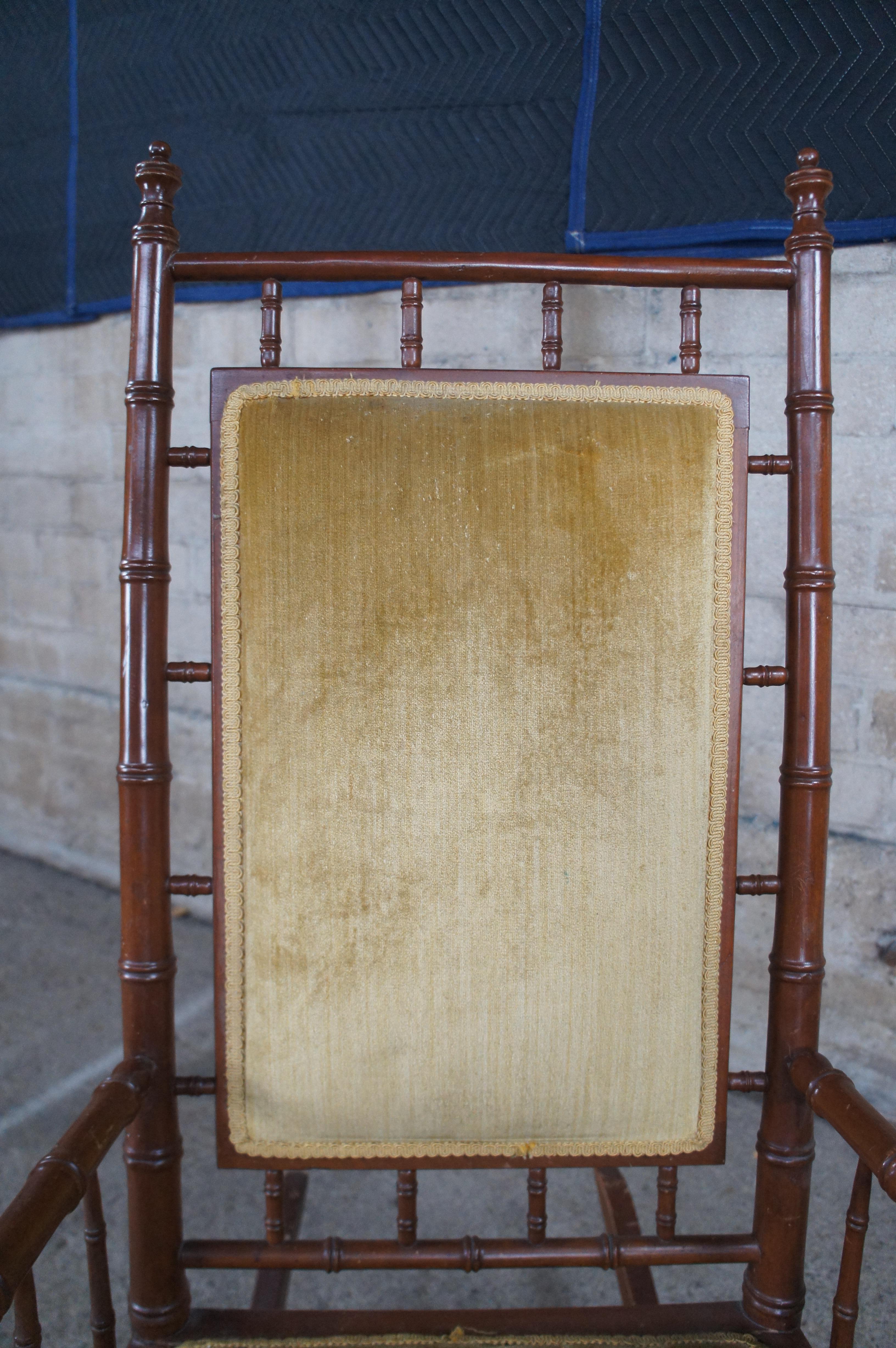 Antique Victorian Faux Bamboo Mahogany & Velvet Upholstered Rocking Chair Rocker 8