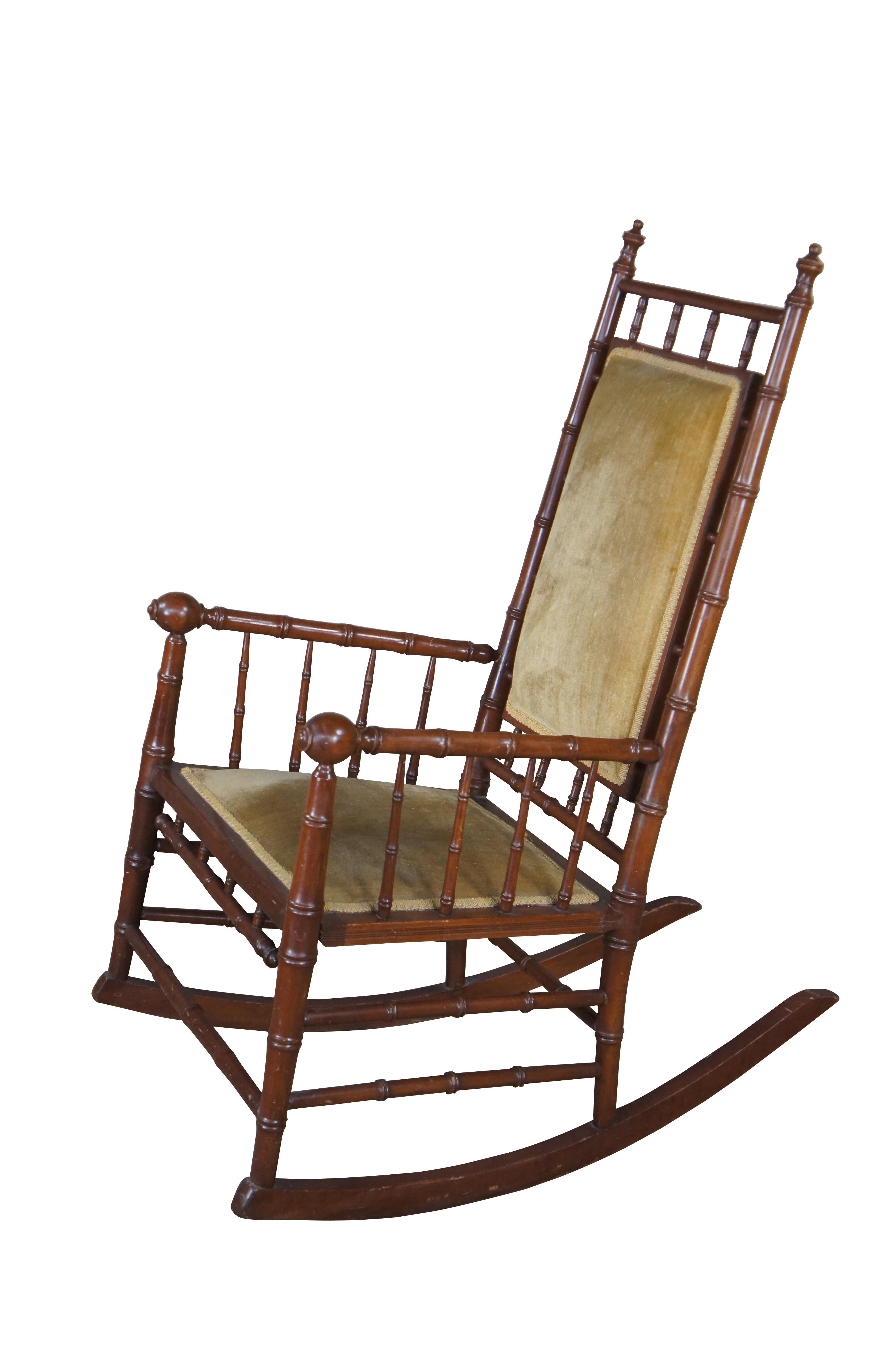 Antique Victorian Faux Bamboo Mahogany & Velvet Upholstered Rocking Chair Rocker In Good Condition In Dayton, OH