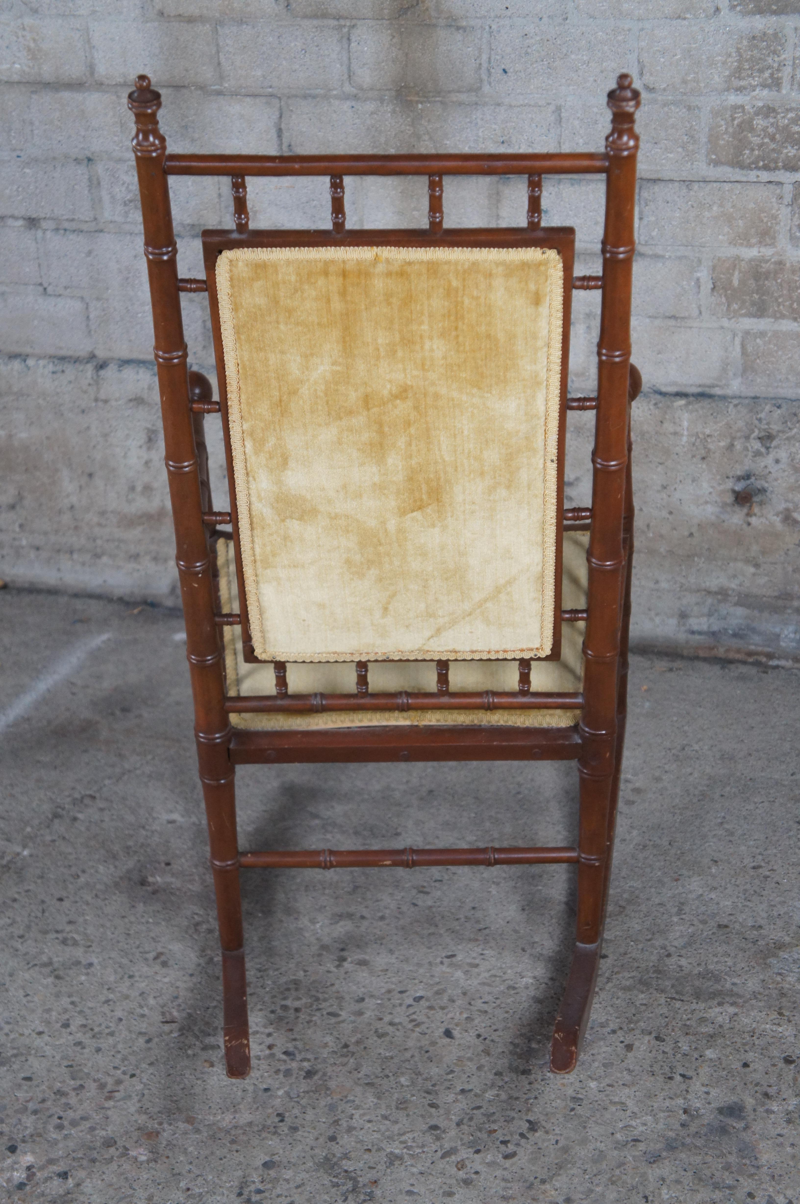Antique Victorian Faux Bamboo Mahogany & Velvet Upholstered Rocking Chair Rocker 1