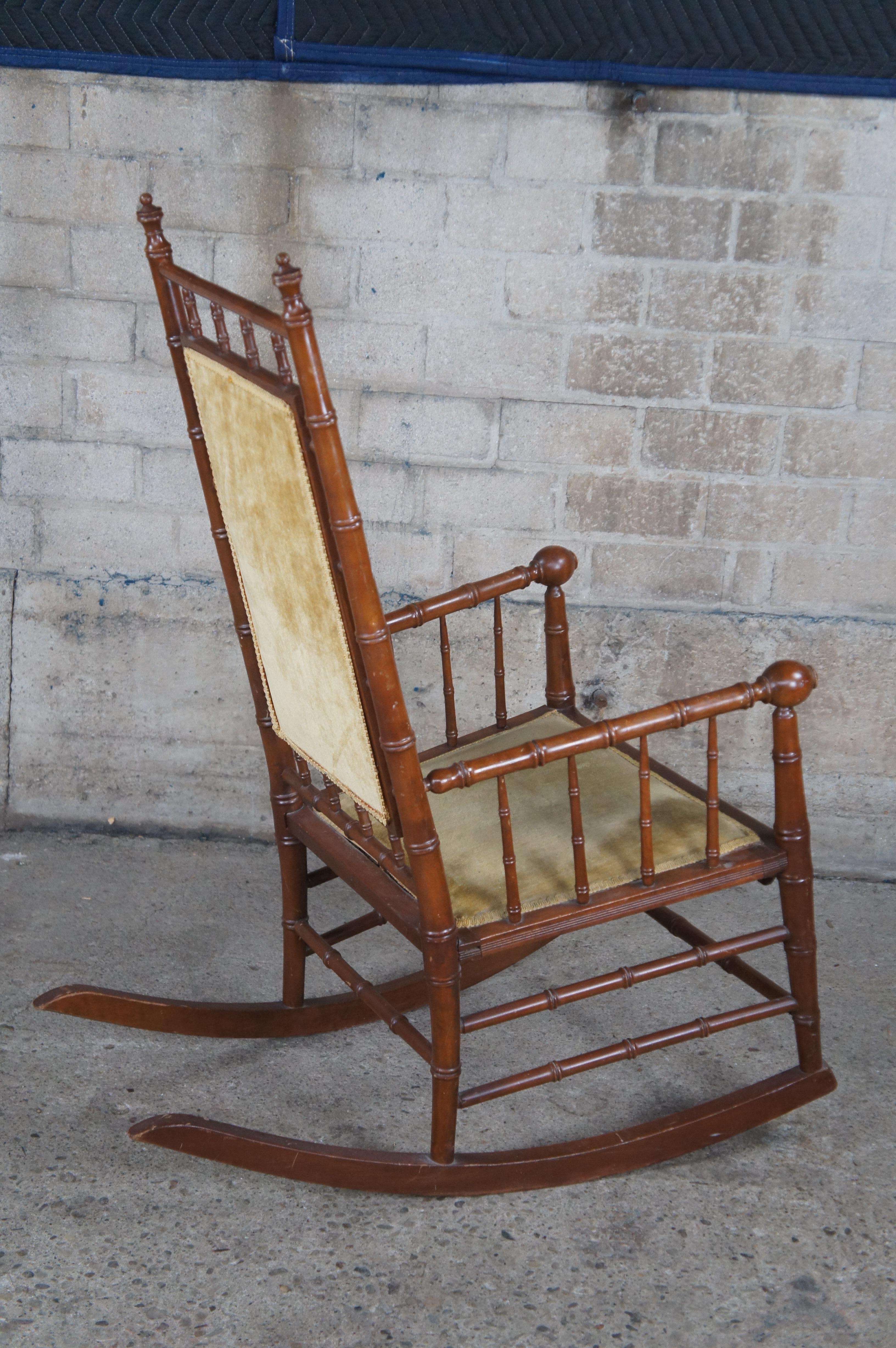 Antique Victorian Faux Bamboo Mahogany & Velvet Upholstered Rocking Chair Rocker 2