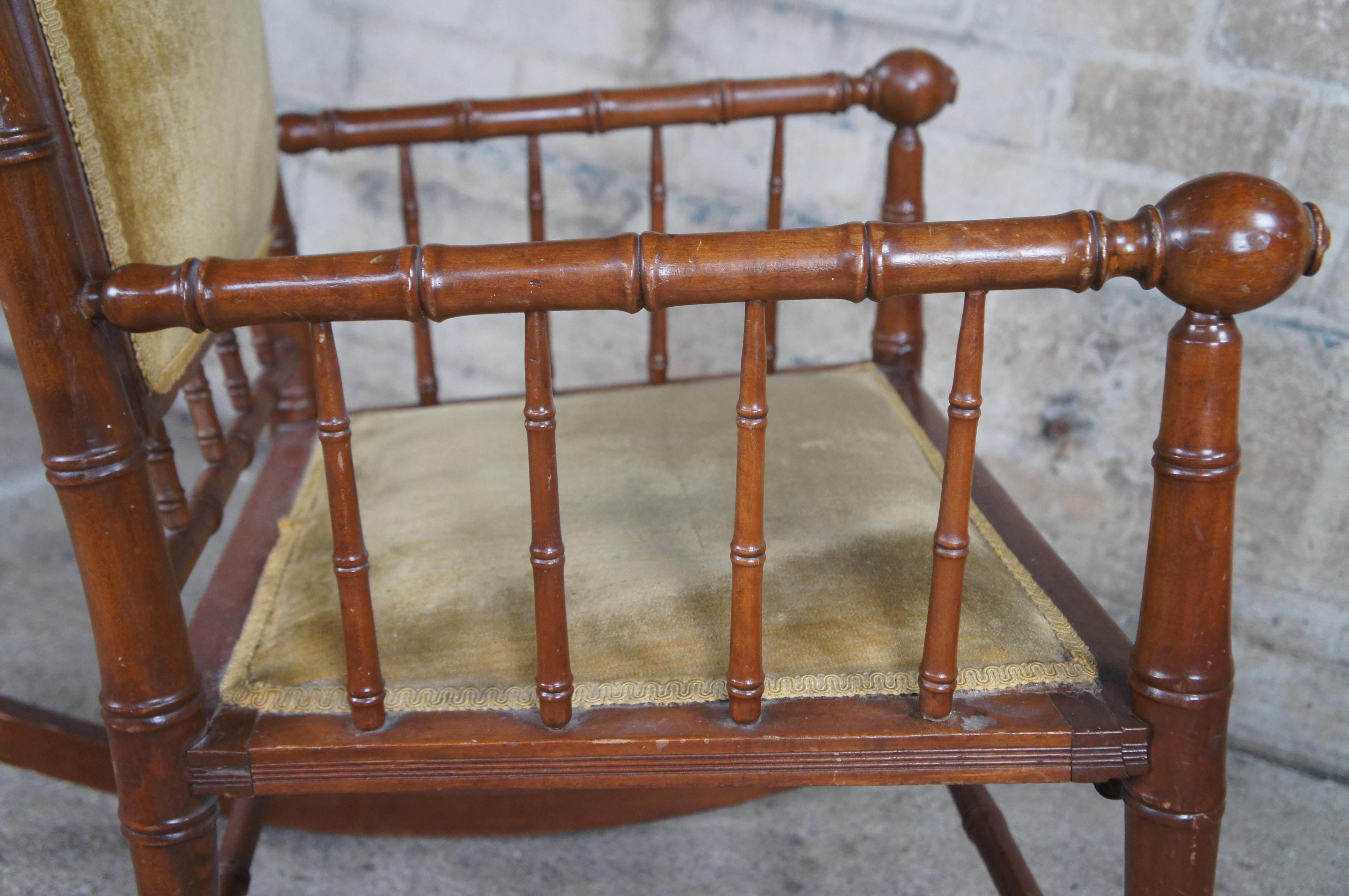 Antique Victorian Faux Bamboo Mahogany & Velvet Upholstered Rocking Chair Rocker 3