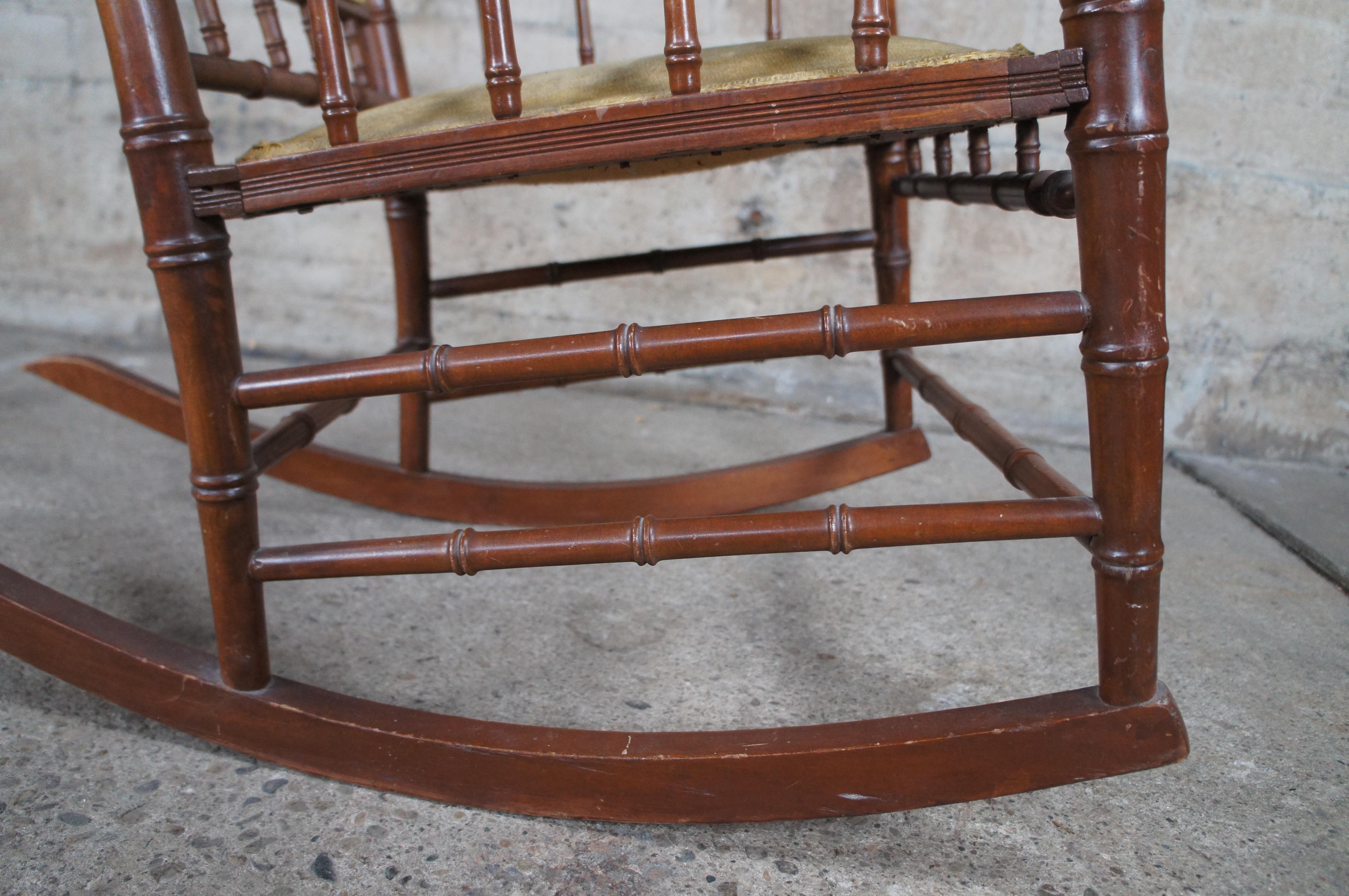 Antique Victorian Faux Bamboo Mahogany & Velvet Upholstered Rocking Chair Rocker 4