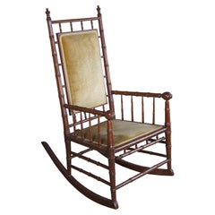 Antique Victorian Faux Bamboo Mahogany & Velvet Upholstered Rocking Chair Rocker