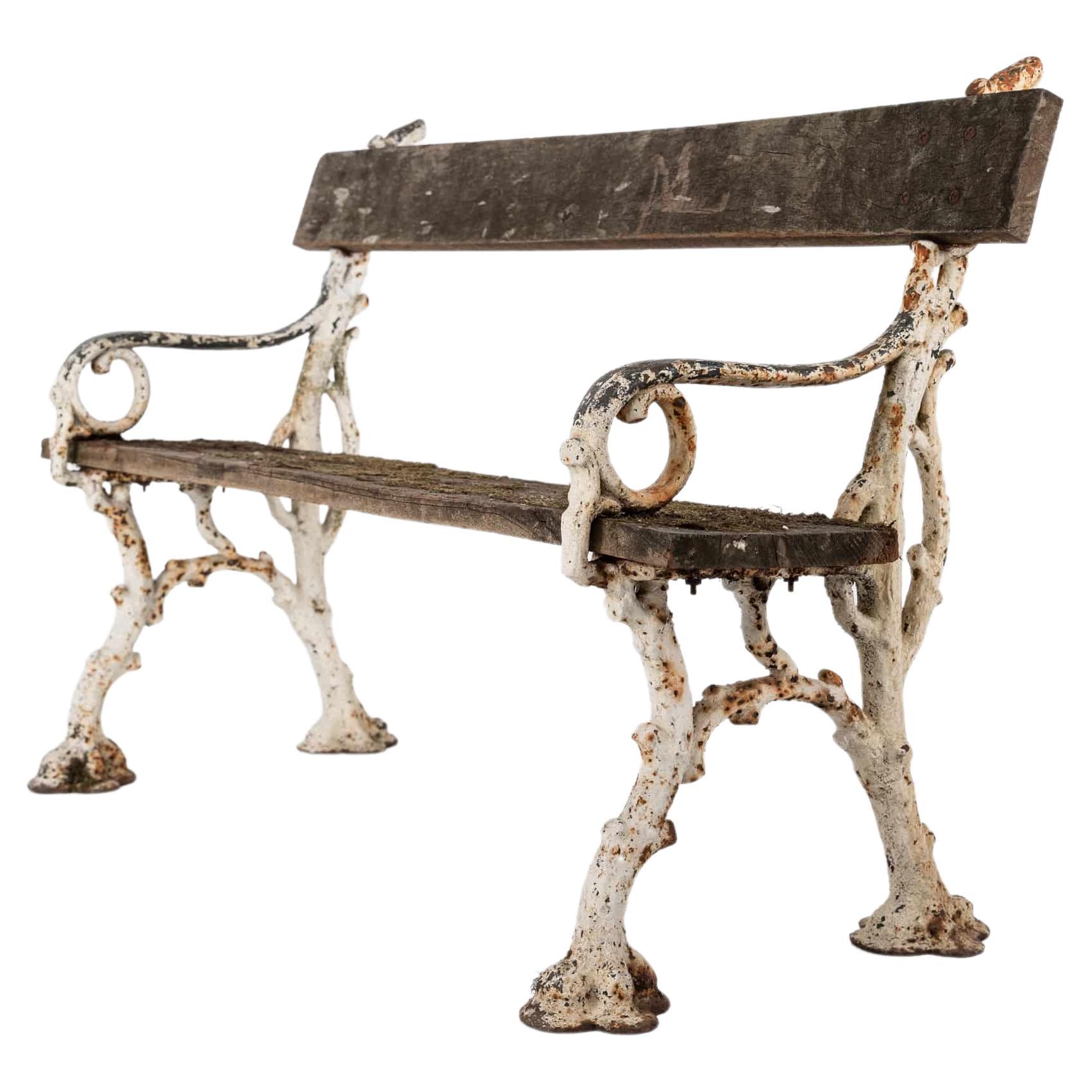 Ancien banc de jardin victorien « Faux Bois » en fonte, vers 1890