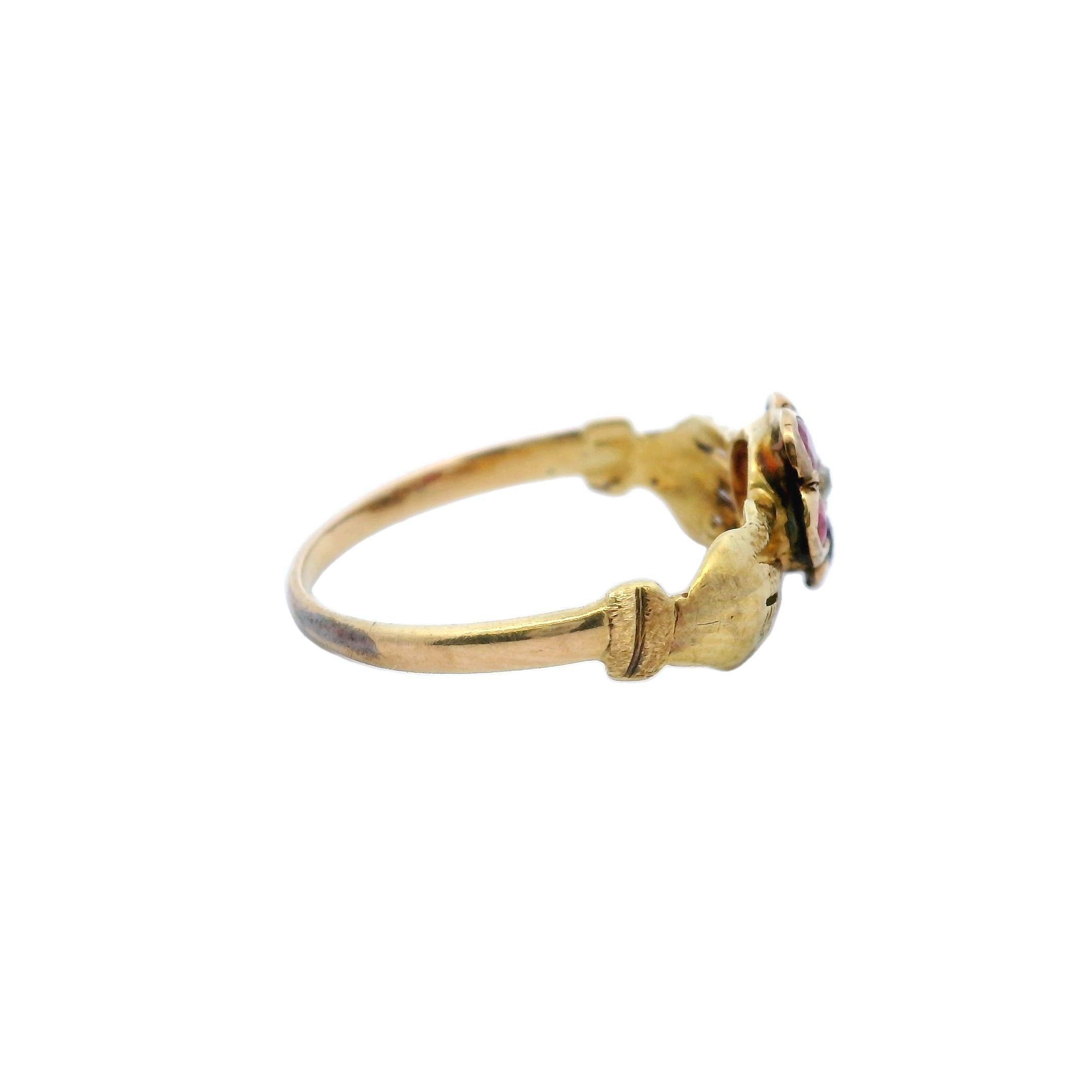 Antique Victorian Acrostic Fede Ring 18 Karat Yellow Gold Band Ring

Step into the elegance of the Victorian era with this extraordinary acrostic ring crafted in 1860. Made from rich 18k yellow gold, this piece is a celebration of heritage, romance,