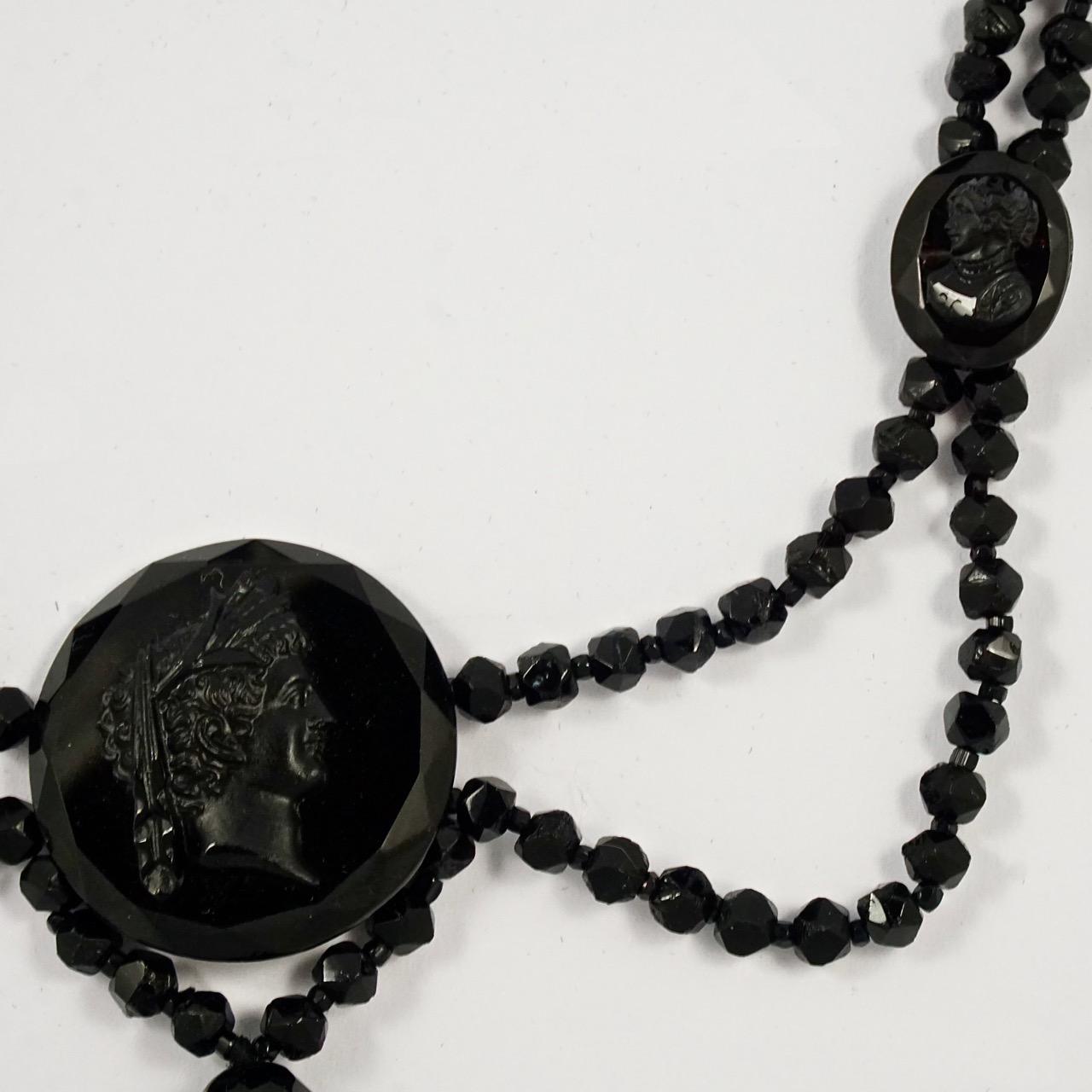 Antique Victorian Festoon Hand Cut French Jet Bead Cameo Necklace Silver Clasp For Sale 1