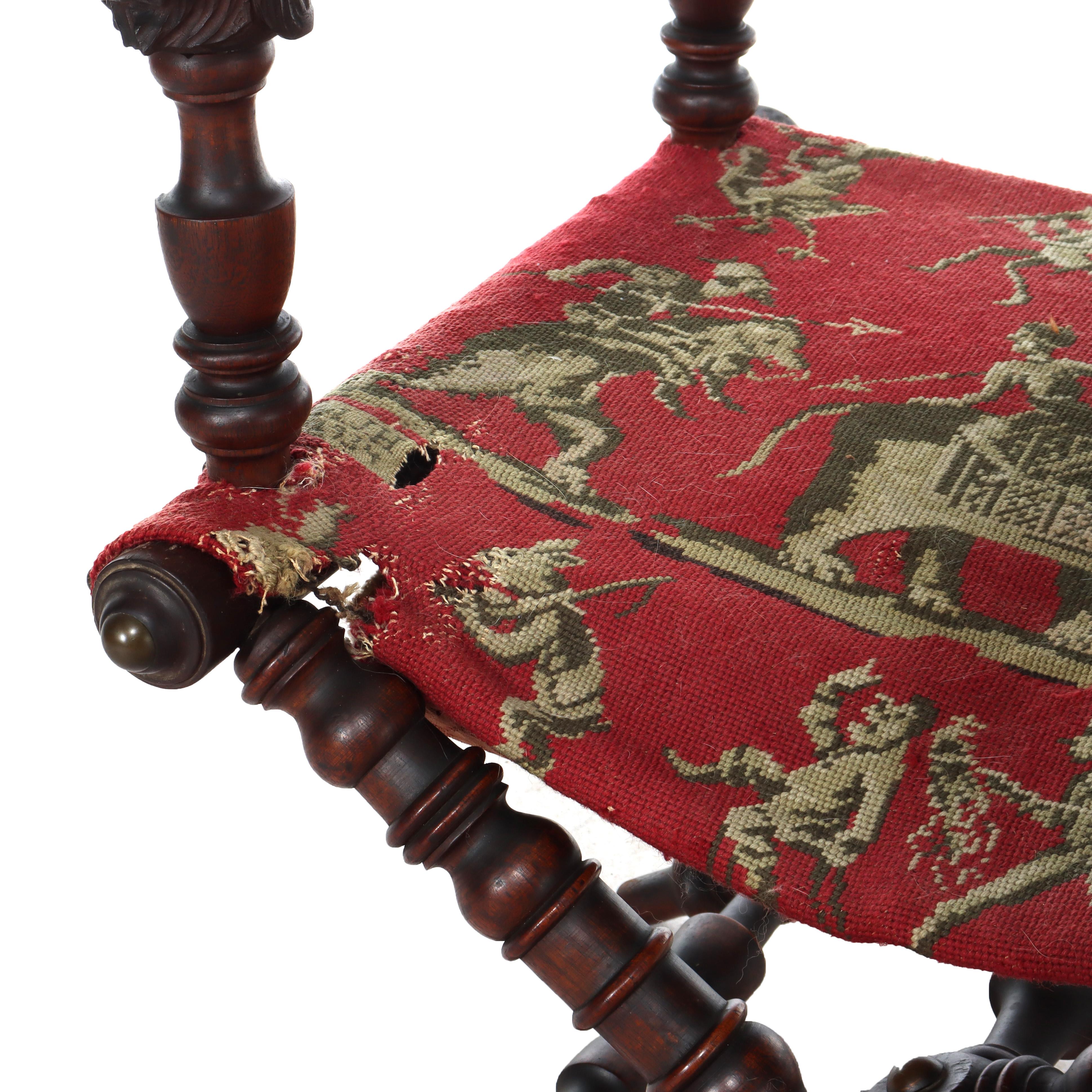 XIXe siècle Antique Victorian Figural Carved Walnut Folding Chair With Circus Theme en vente