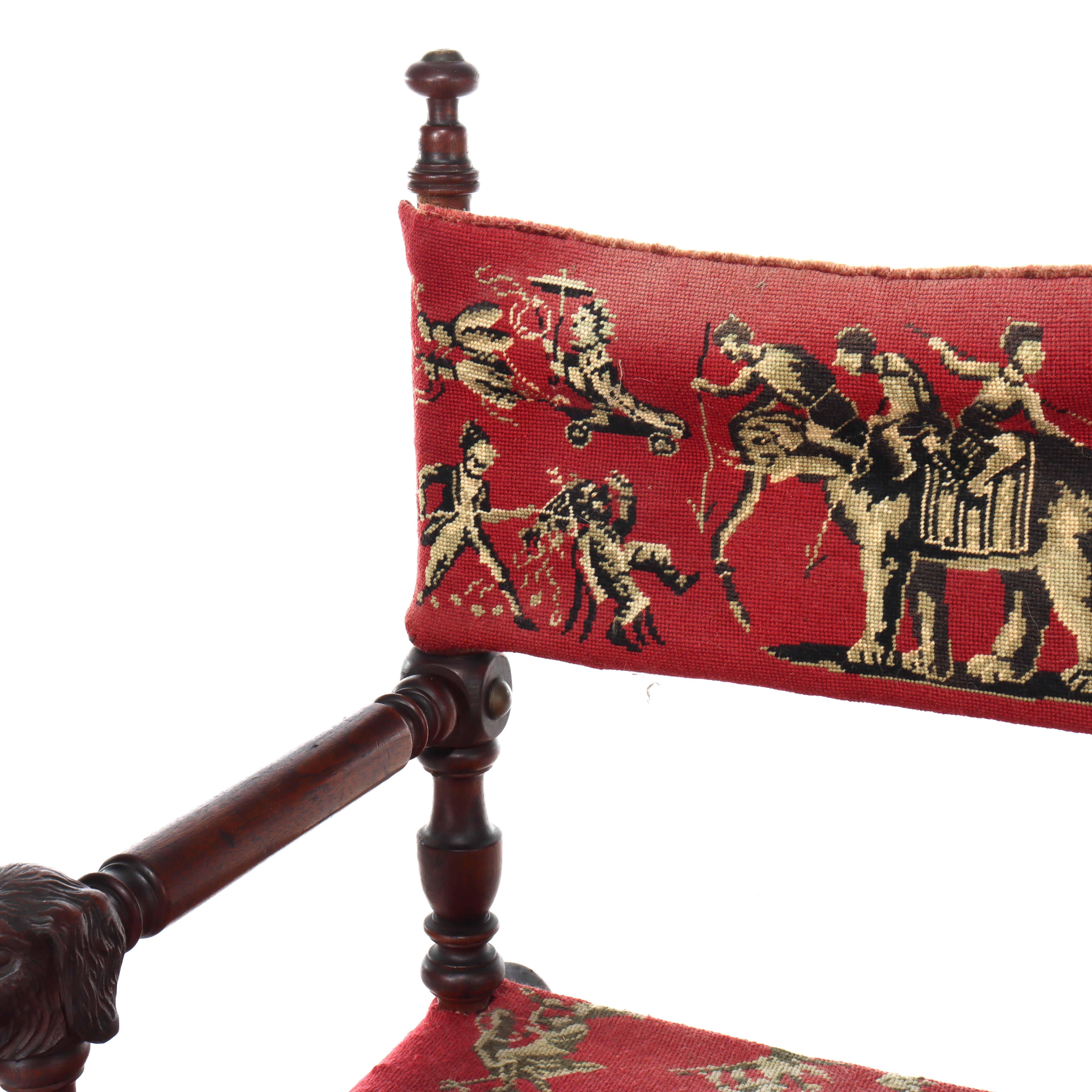Antique Victorian Figural Carved Walnut Folding Chair With Circus Theme en vente 1