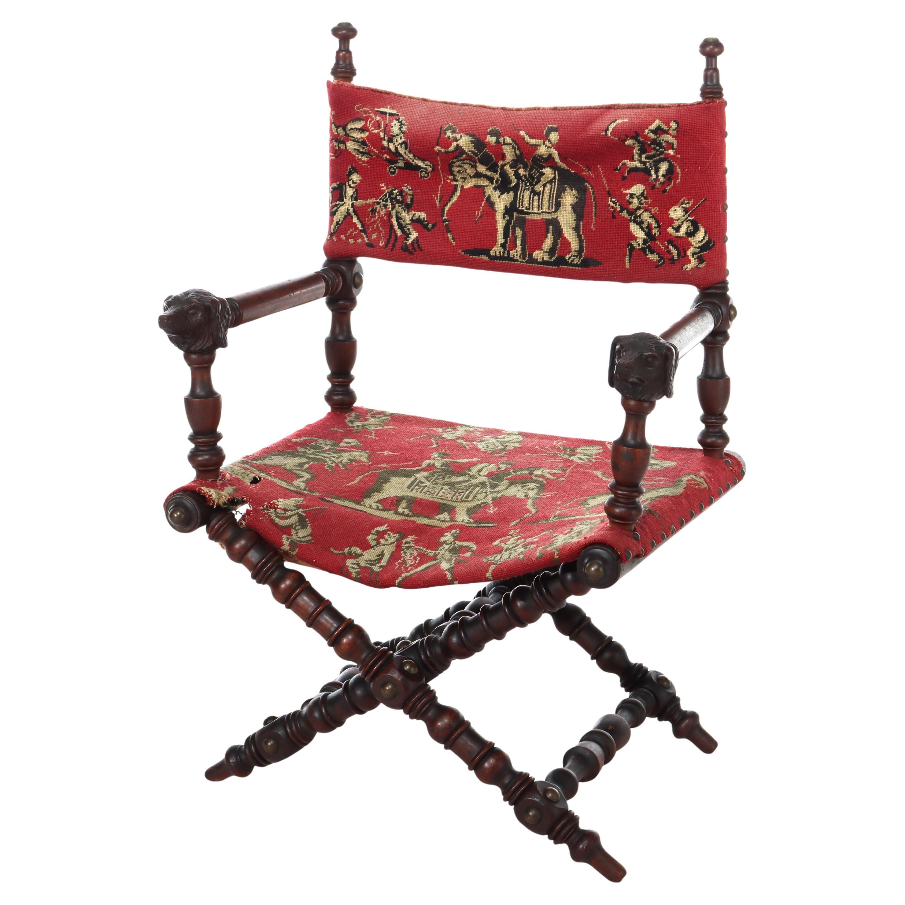 Antique Victorian Figural Carved Walnut Folding Chair With Circus Theme en vente