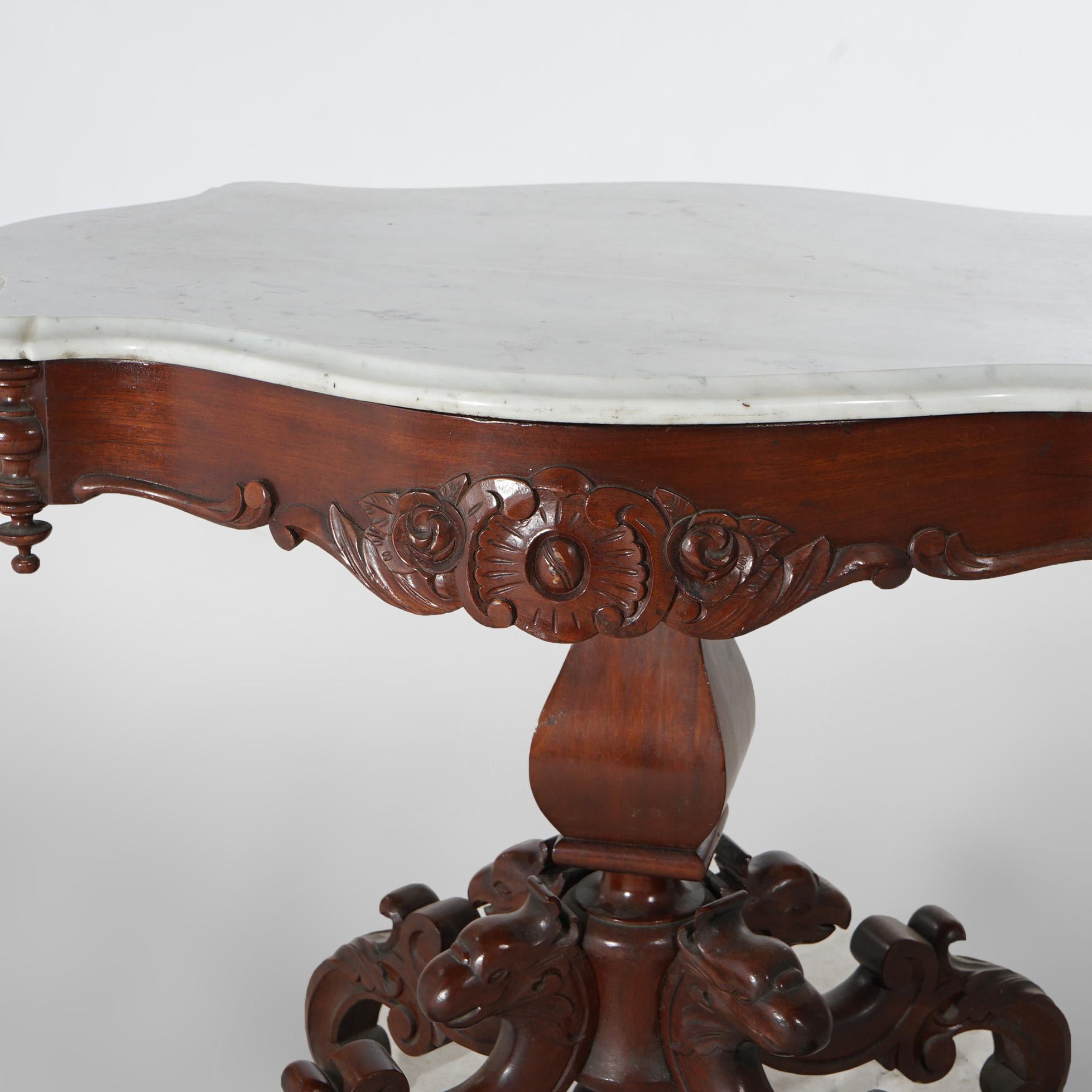 Antique Victorian Figural Carved Walnut & Marble Turtle Top Parlor Table C1880 7